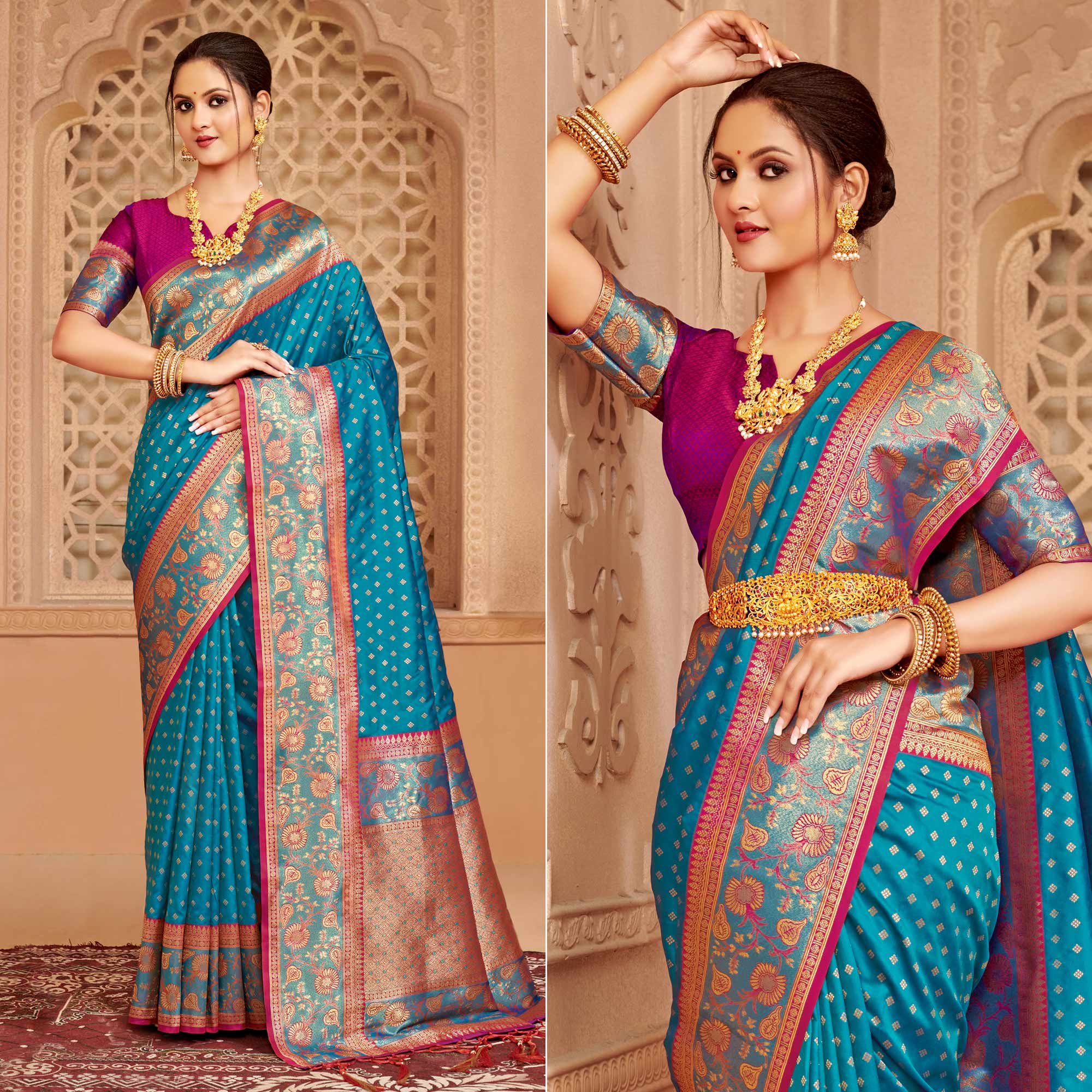 Blue Floral Woven Banarasi Silk Saree With Tassels