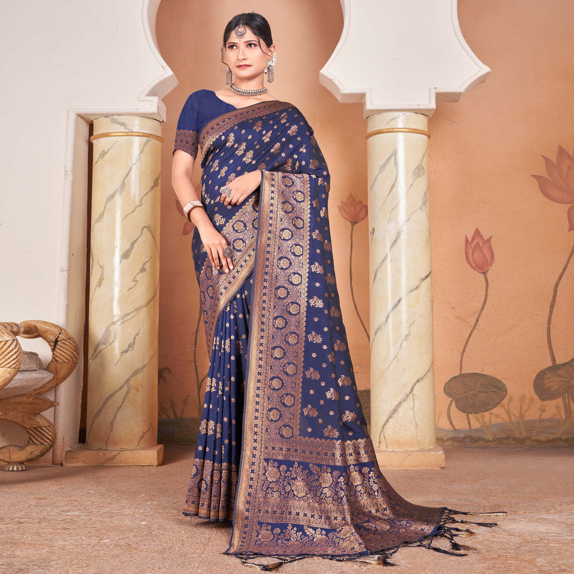 Blue Floral Woven Banarasi Silk Saree With Tassels