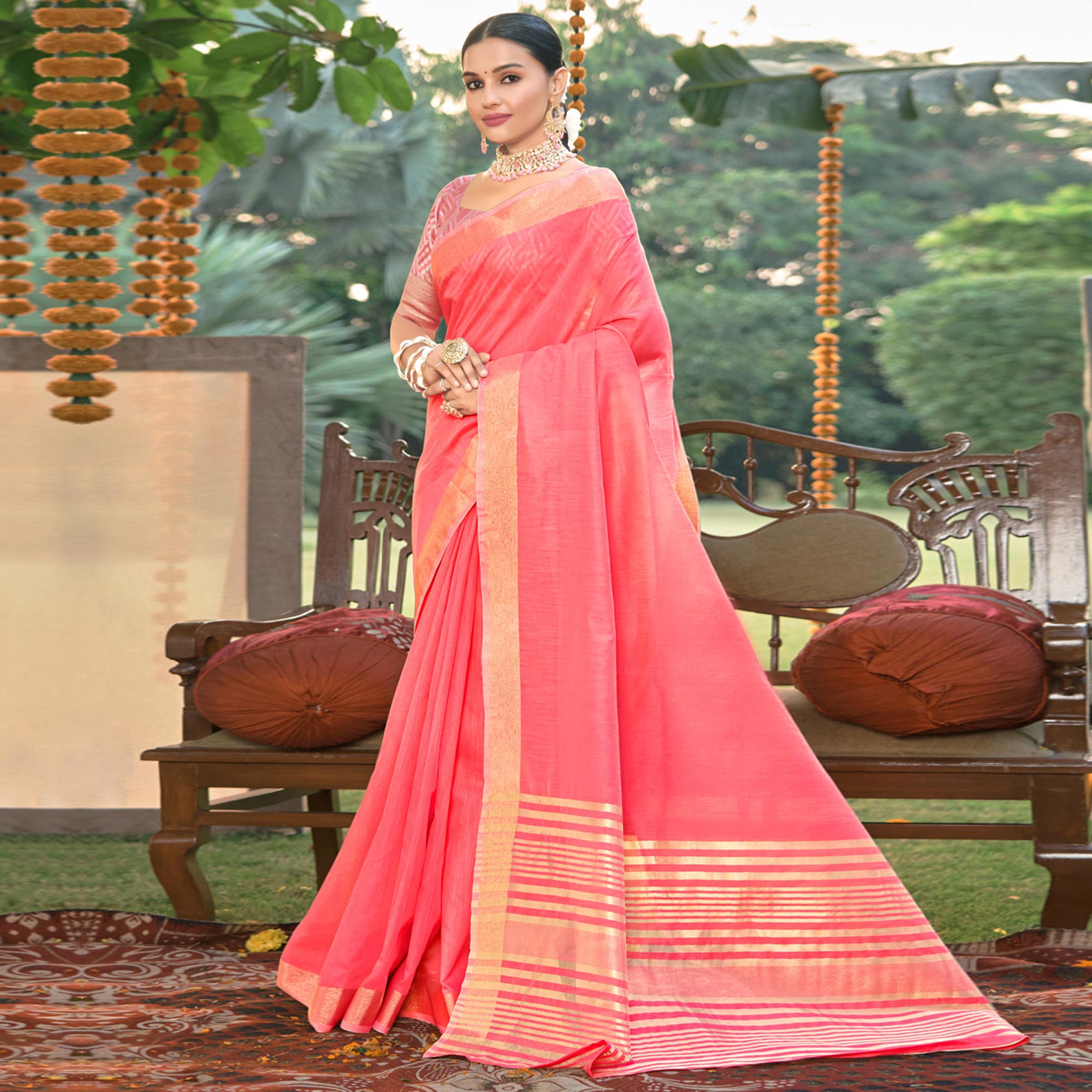 Pink Woven Cotton Blend Saree