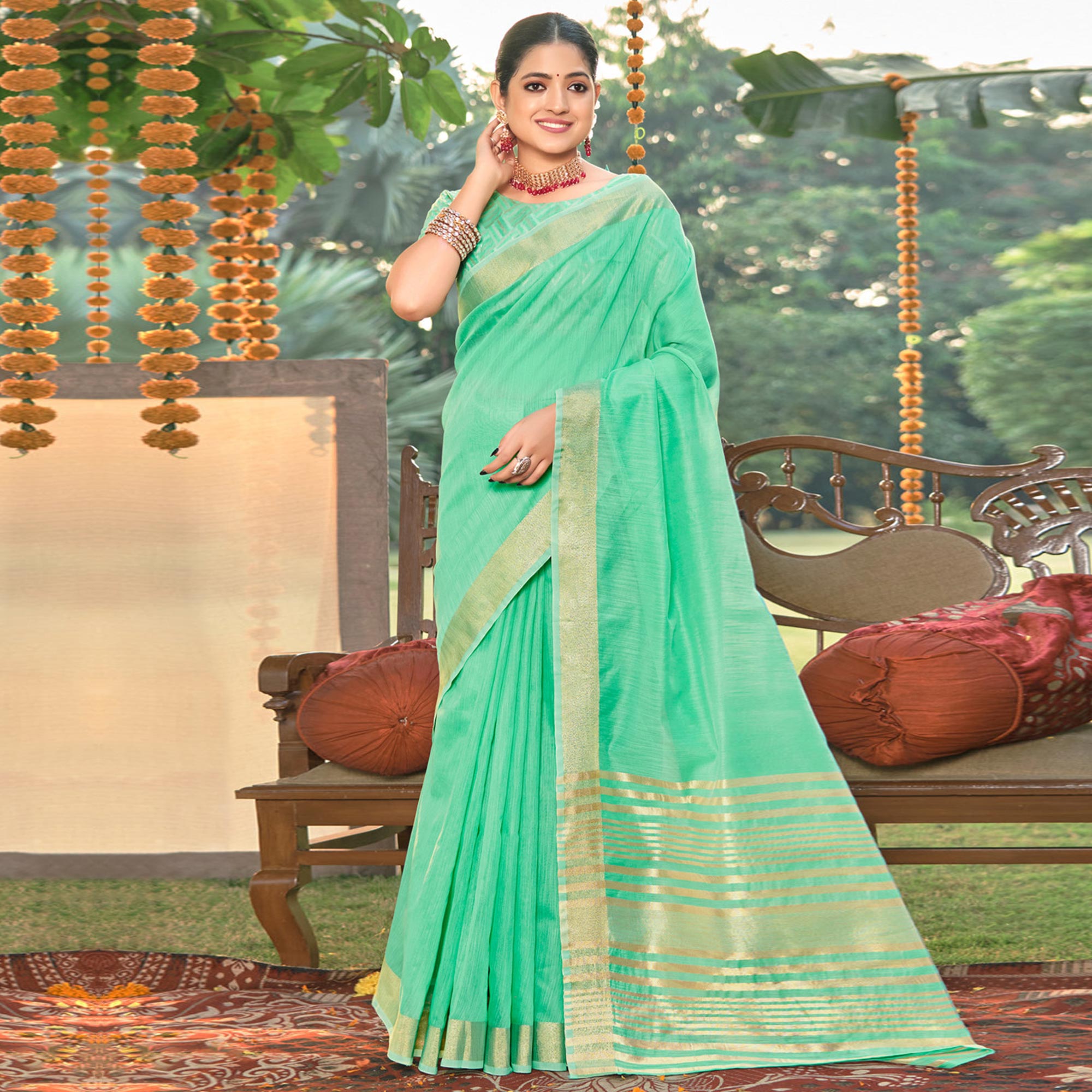 Sea Green Woven Cotton Blend Saree