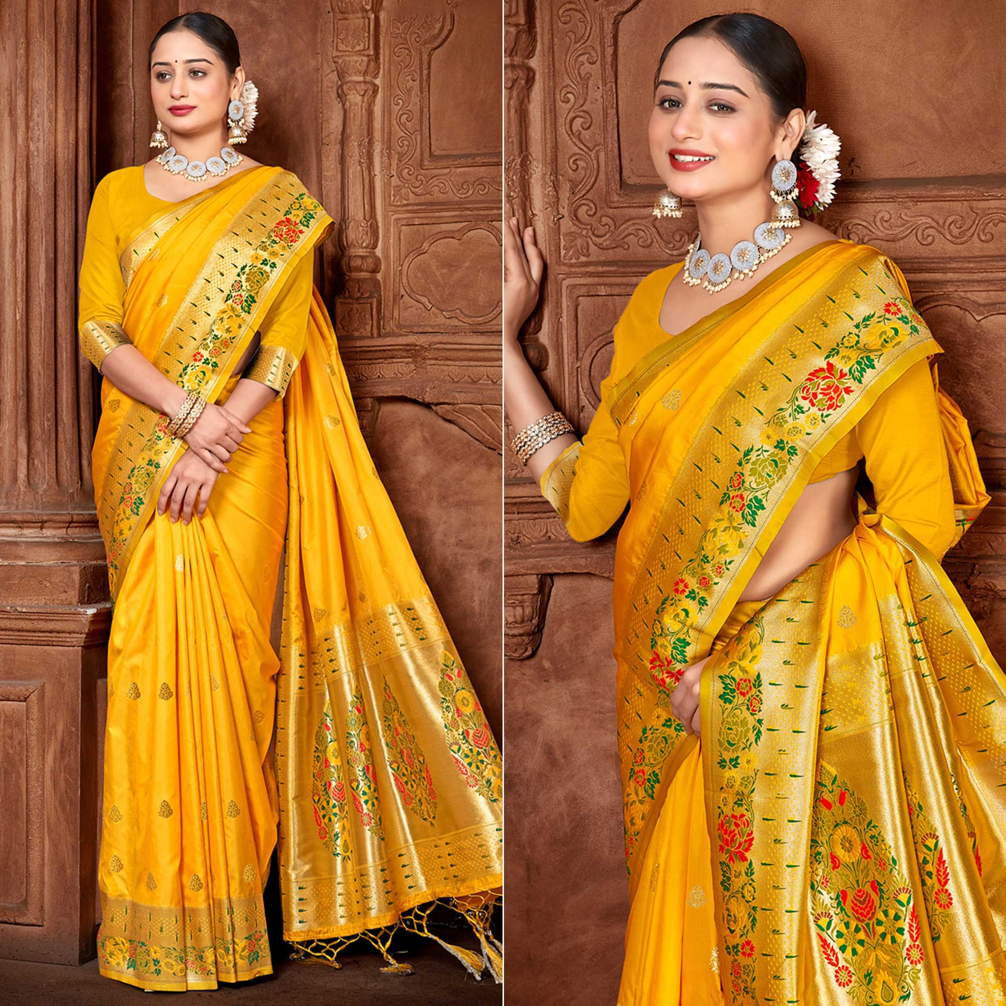 Yellow Woven Paithani Banarasi Silk Saree With Tassels