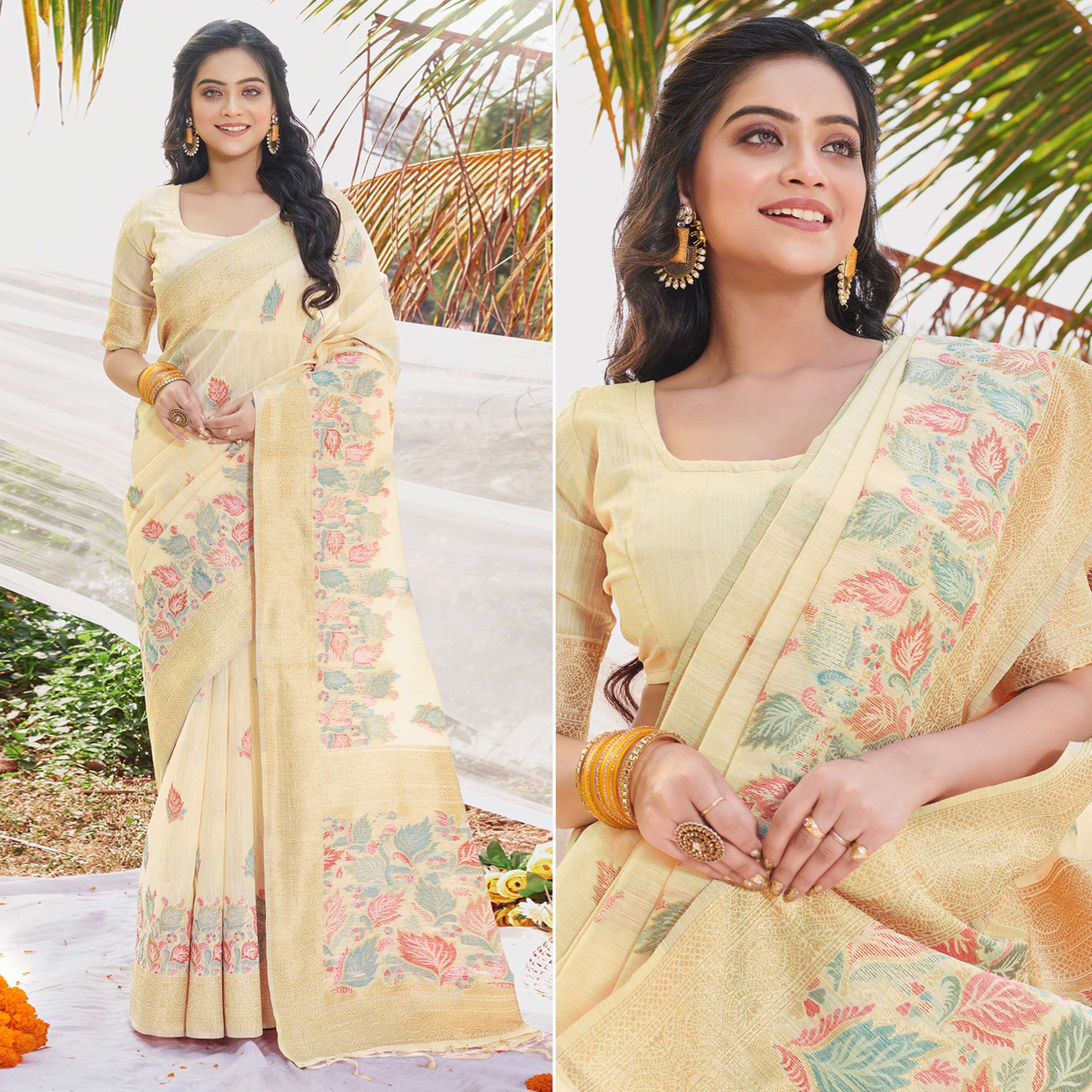 Yellow Floral Woven Cotton Silk Saree With Tassels