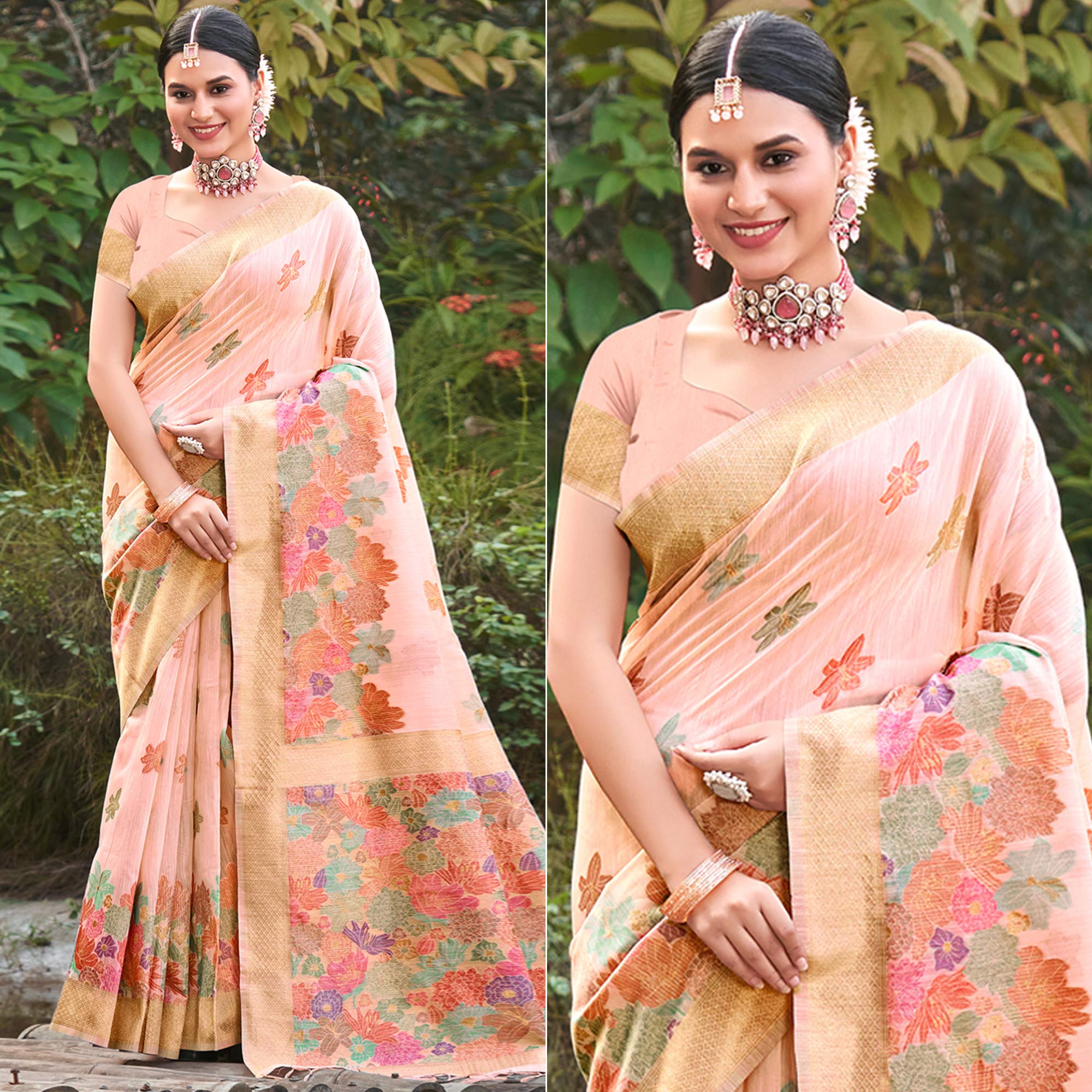 Peach Woven Cotton Blend Saree With Tassels