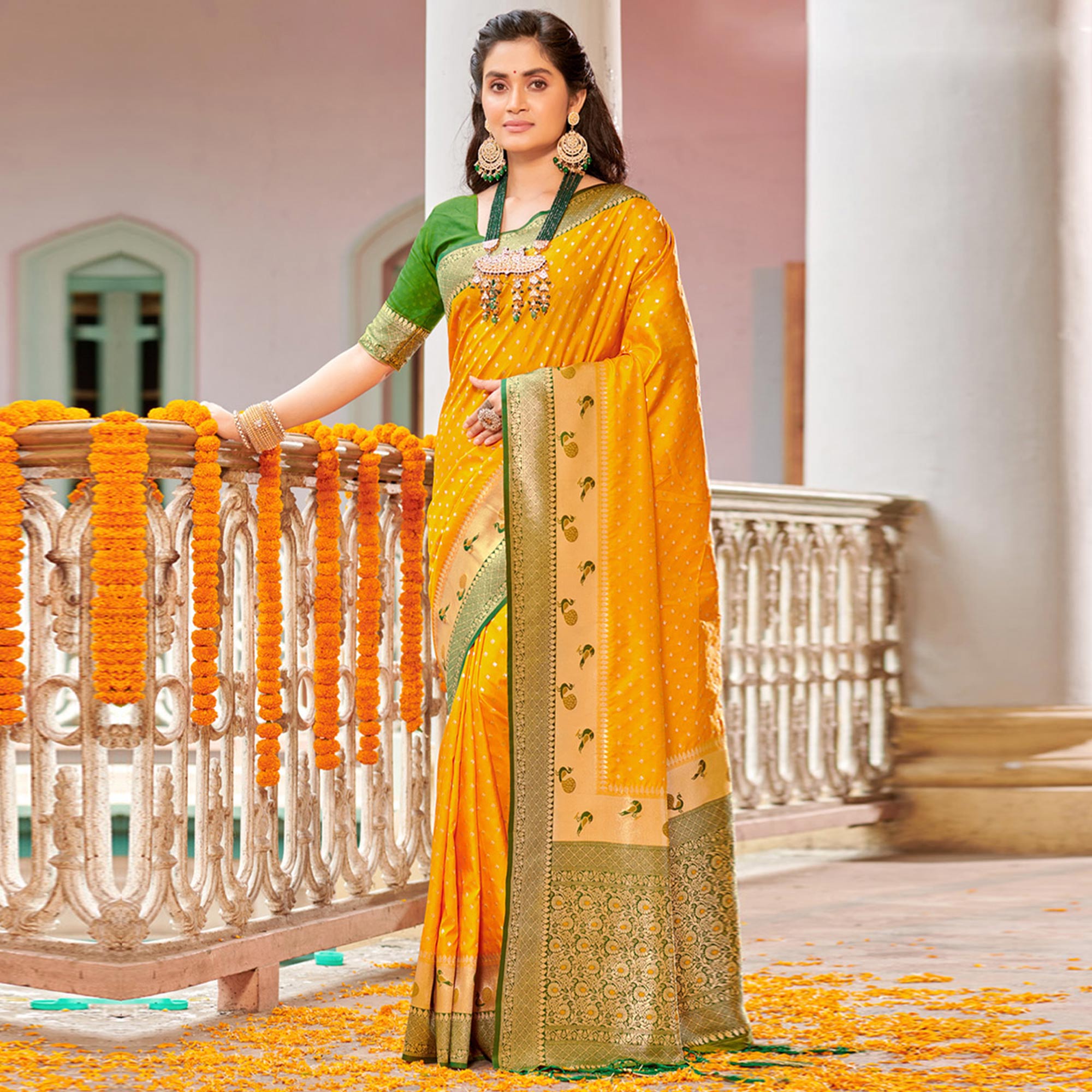 Yellow Woven Banarasi Silk Saree With Tassels