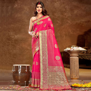 Pink Floral Woven Banarasi Silk Saree With Tassels
