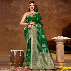 Green Floral Woven Banarasi Silk Saree With Tassels