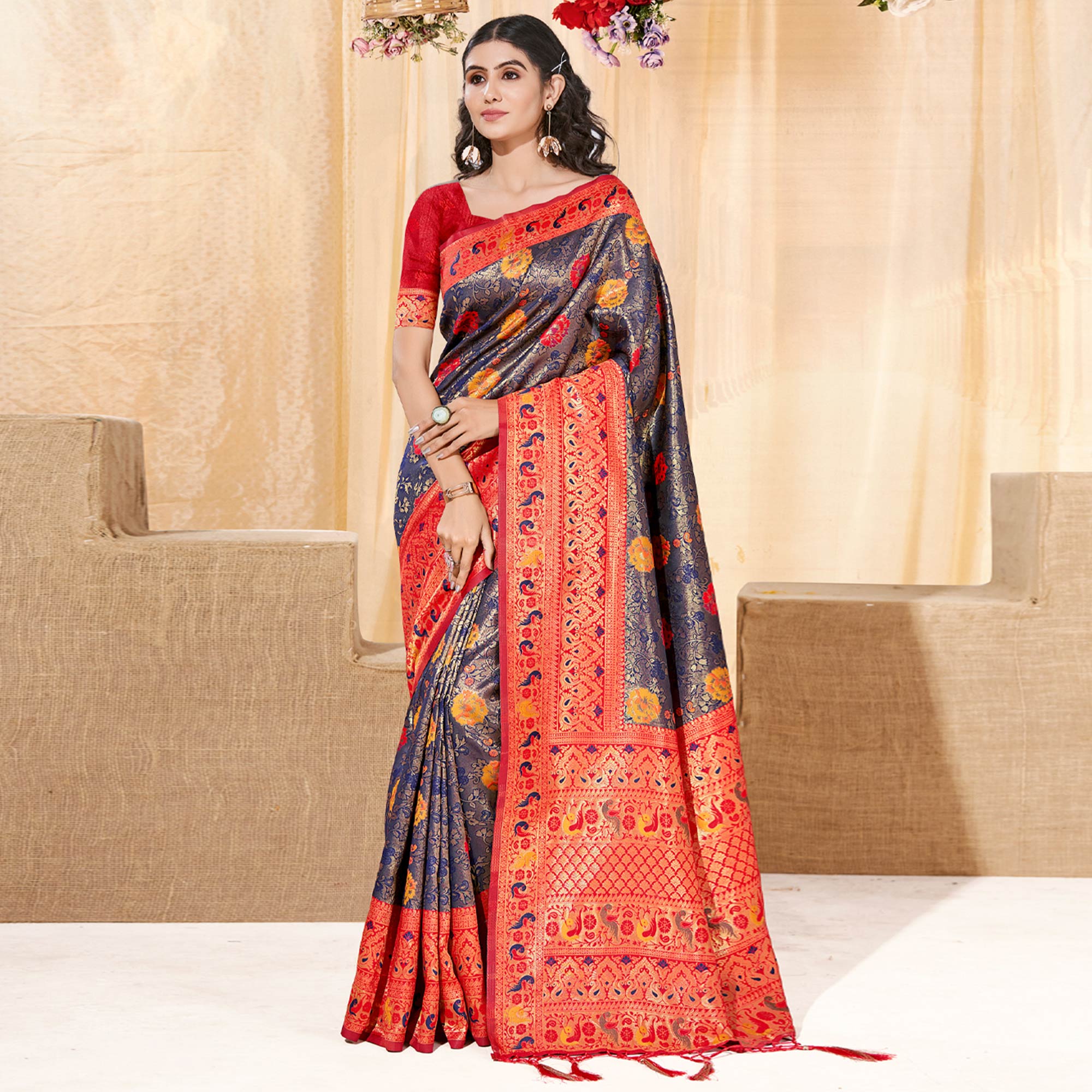 Blue Floral Woven Kanjivaram Silk Saree With Tassels