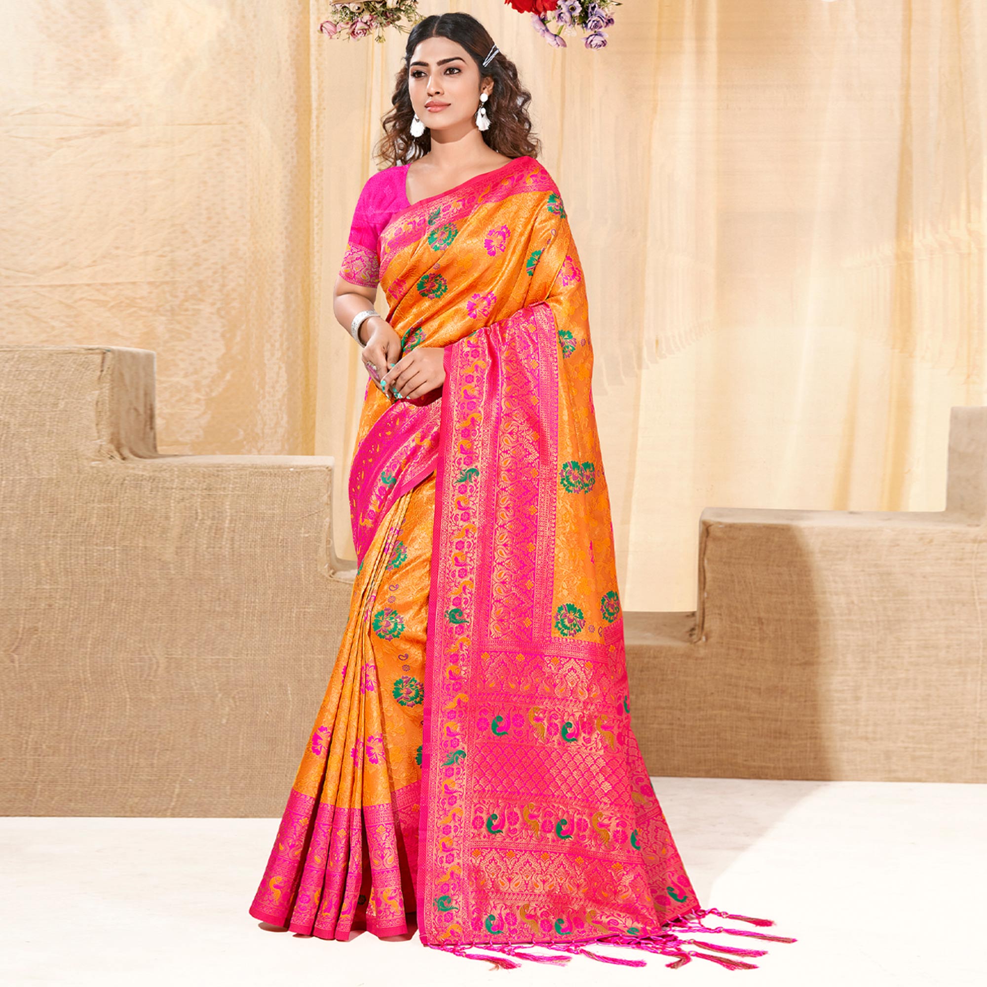 Mustard Floral Woven Kanjivaram Silk Saree With Tassels