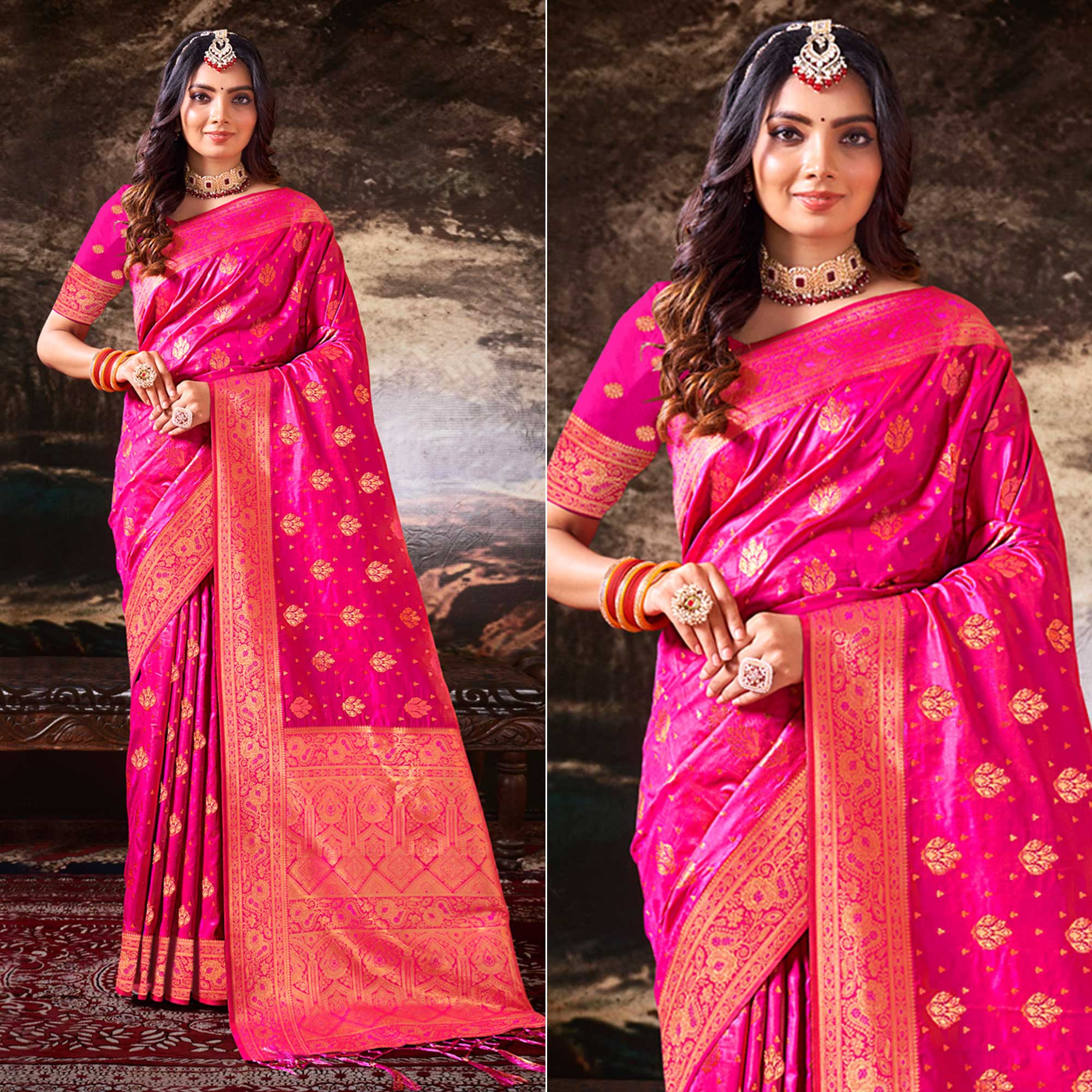 Pink Floral Woven Banarasi Silk Saree With Tassels