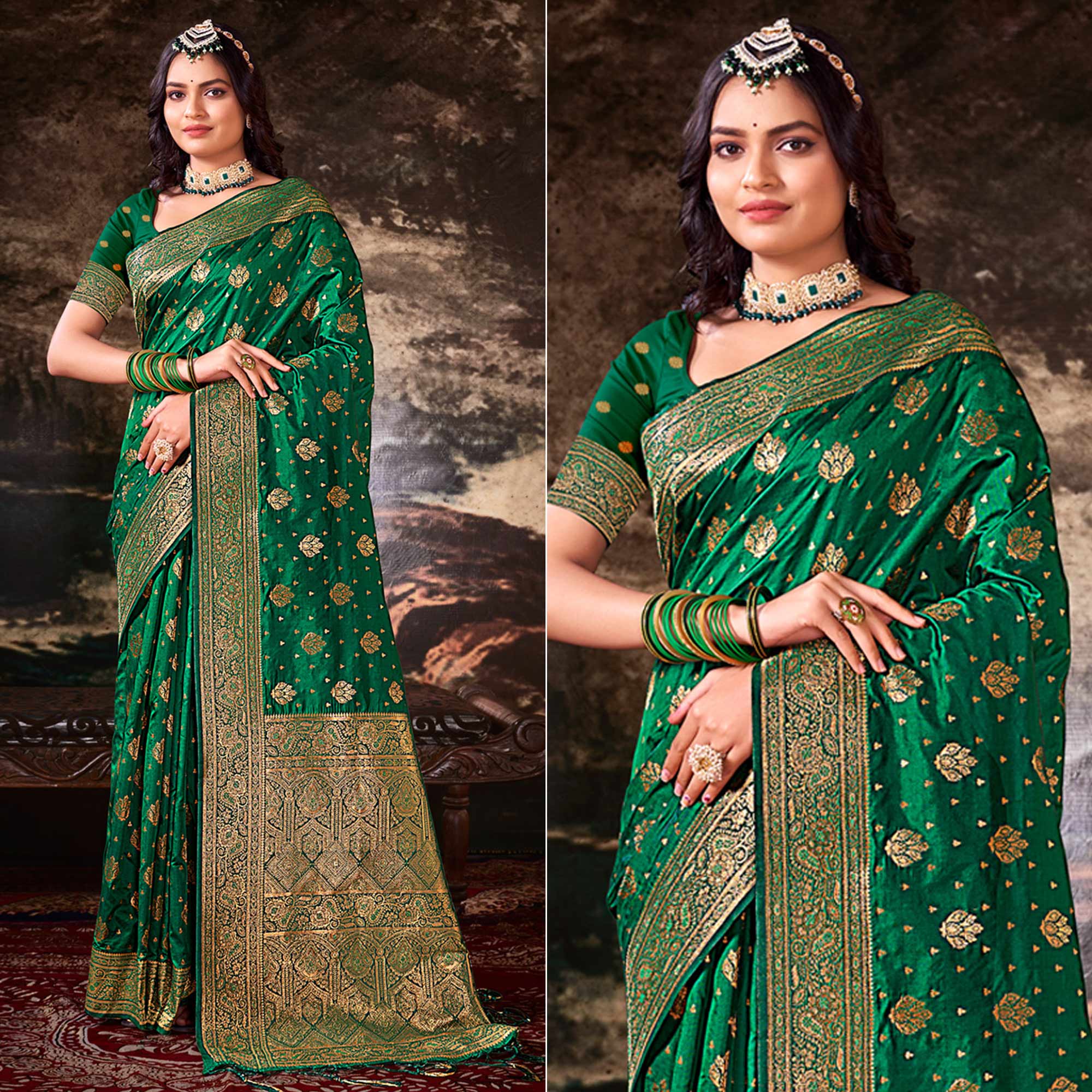 Green Floral Woven Banarasi Silk Saree With Tassels