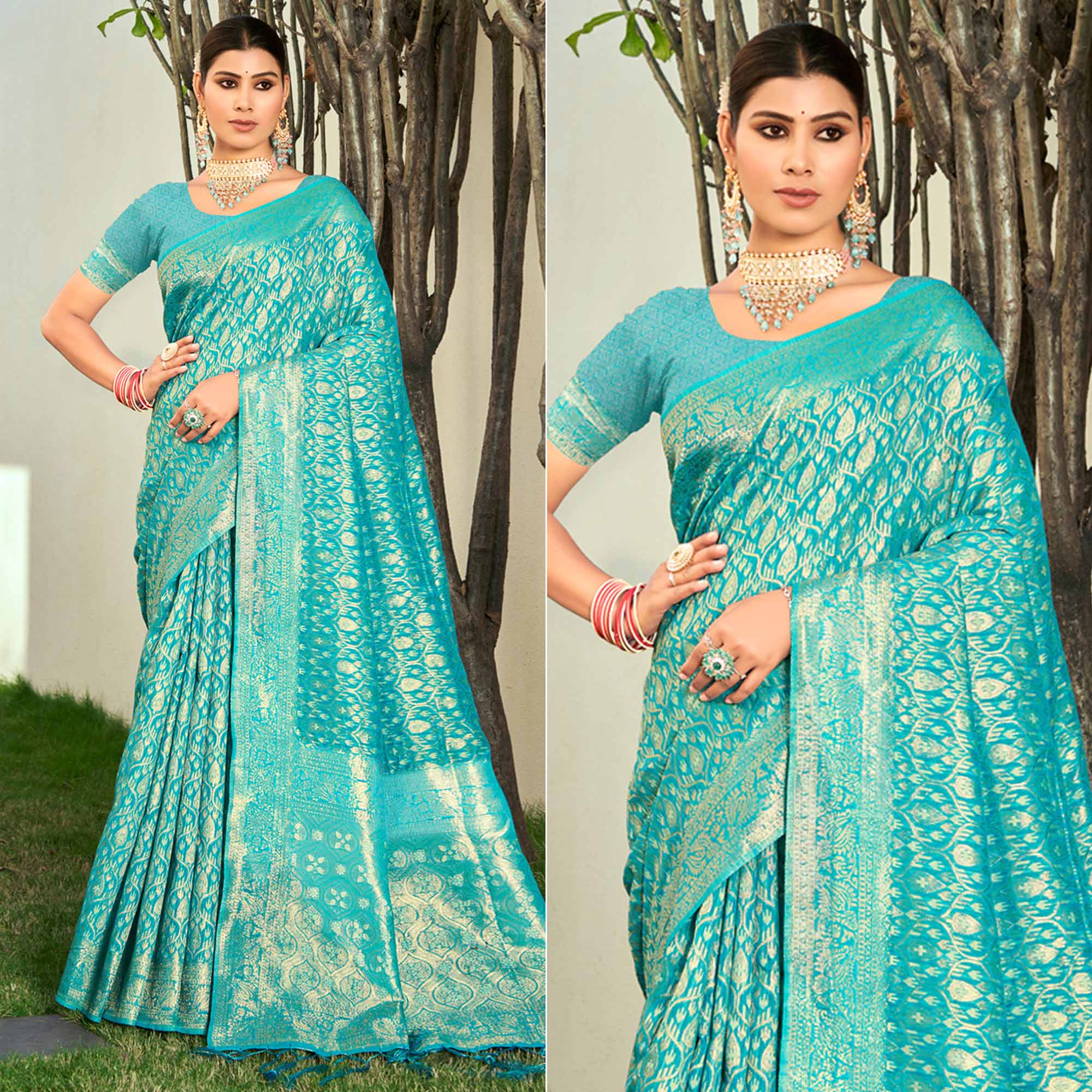 Blue Floral Woven Cotton Blend Saree With Tassels