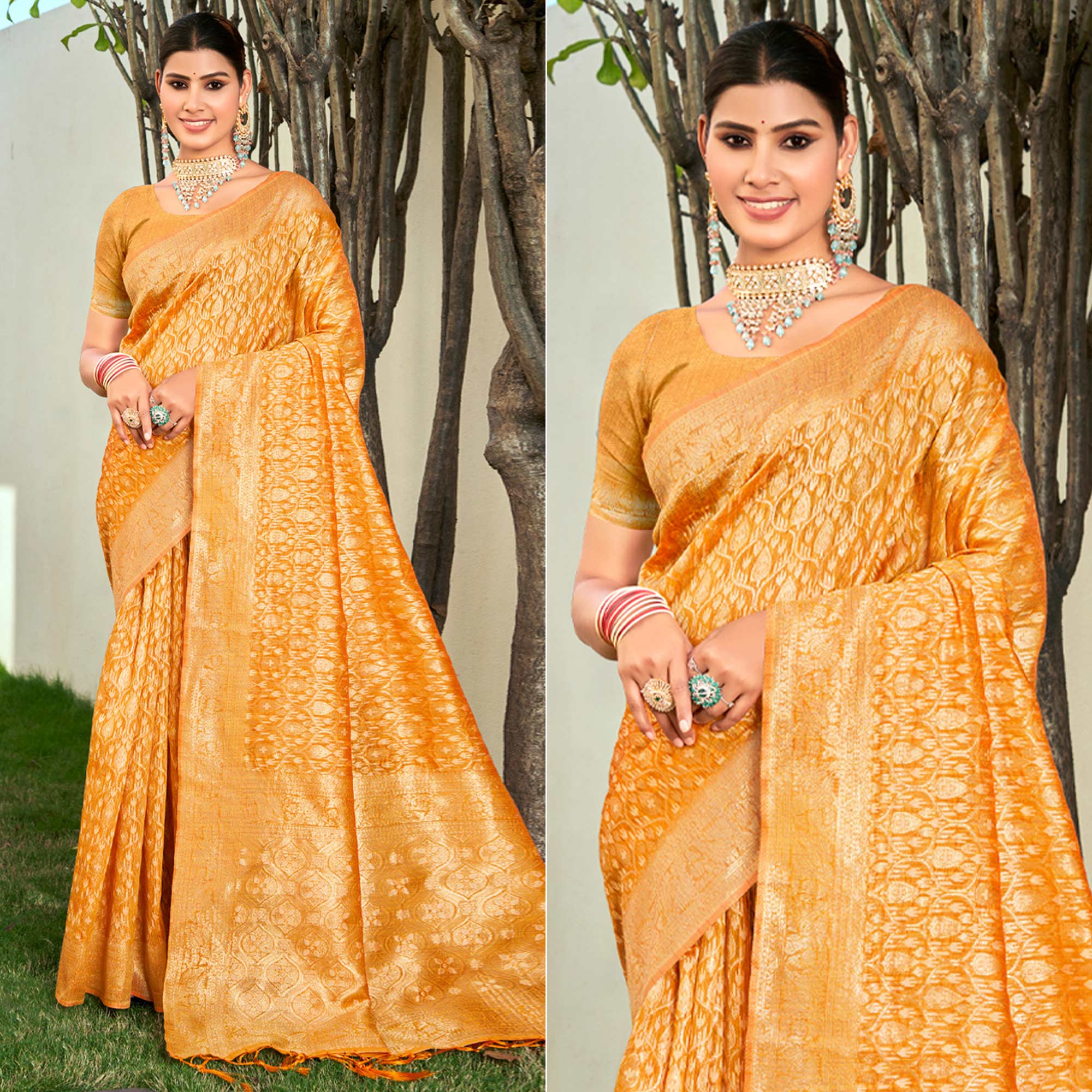 Mustard Floral Woven Cotton Blend Saree With Tassels