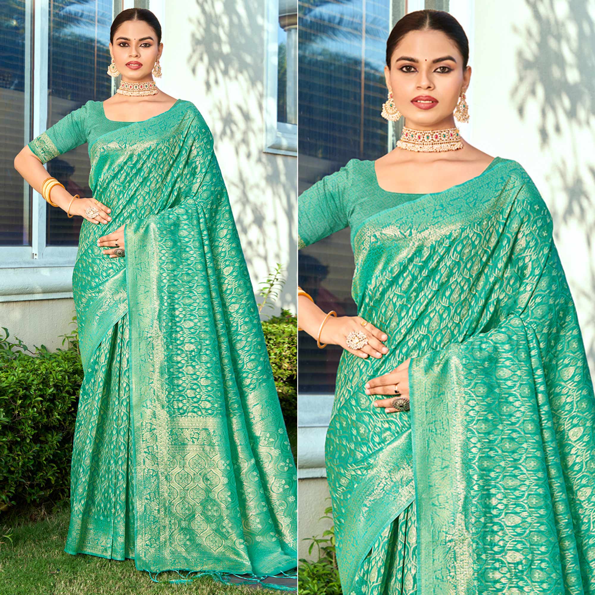 Sea Green Floral Woven Cotton Blend Saree With Tassels