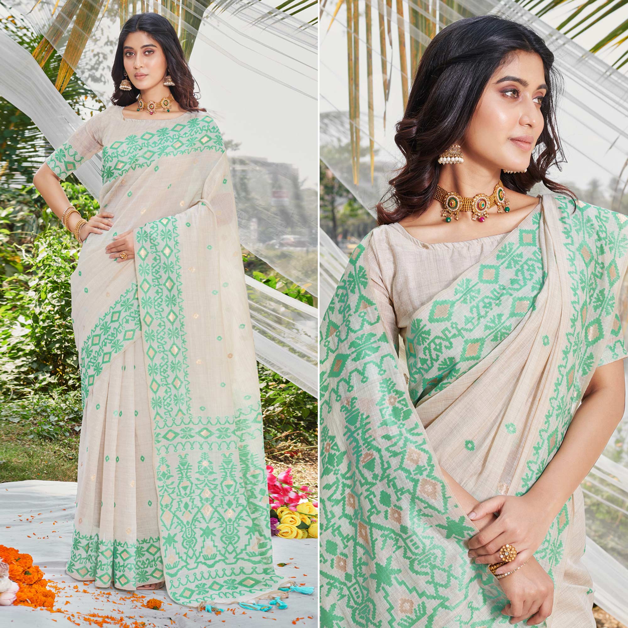 Off White & Green Woven Cotton Silk Saree With Tassels