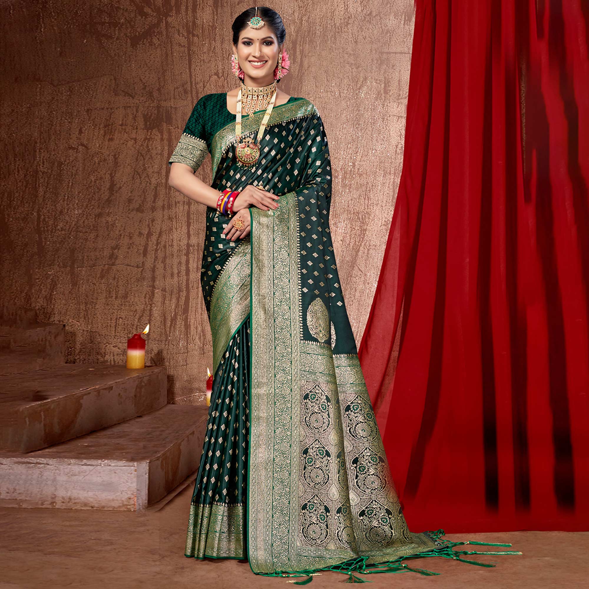 Green Woven Banarasi Silk Saree With Tassels