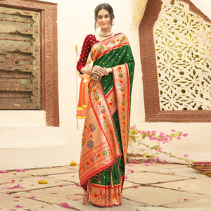 Green Floral Woven Banarasi Silk Saree With Tassels