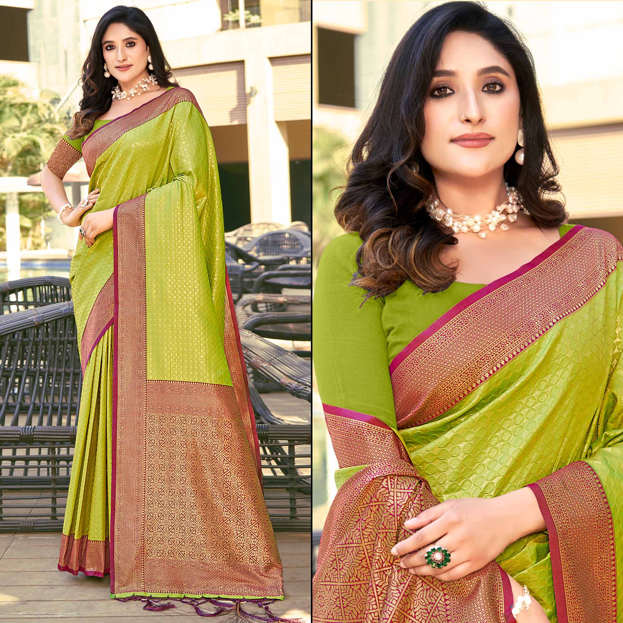 Light Green Woven Banarasi Silk Saree With Tassels
