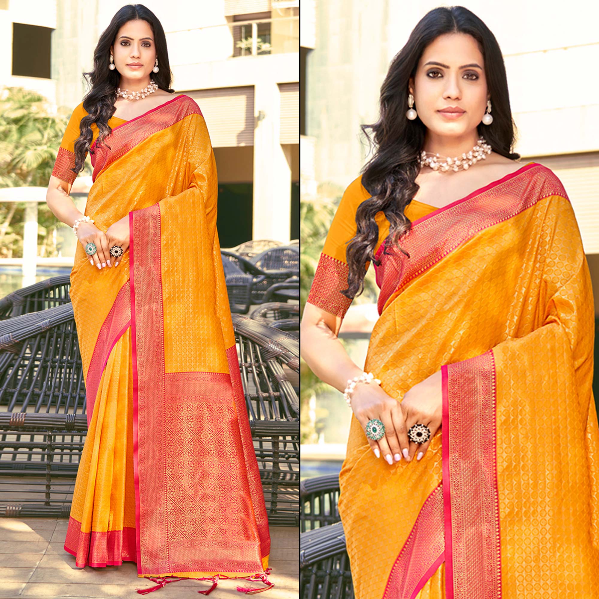 Mustard Woven Banarasi Silk Saree With Tassels
