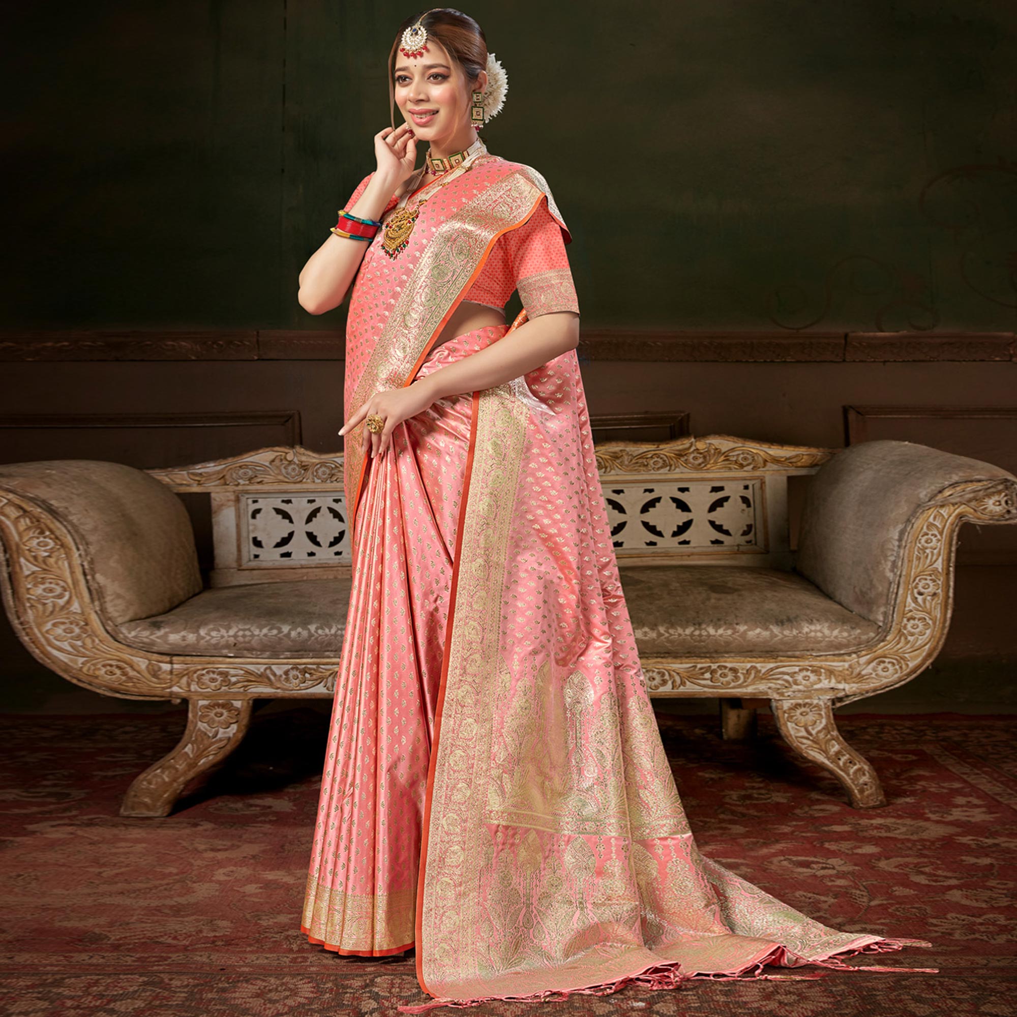 Peach Woven Banarasi Silk Saree With Tassels