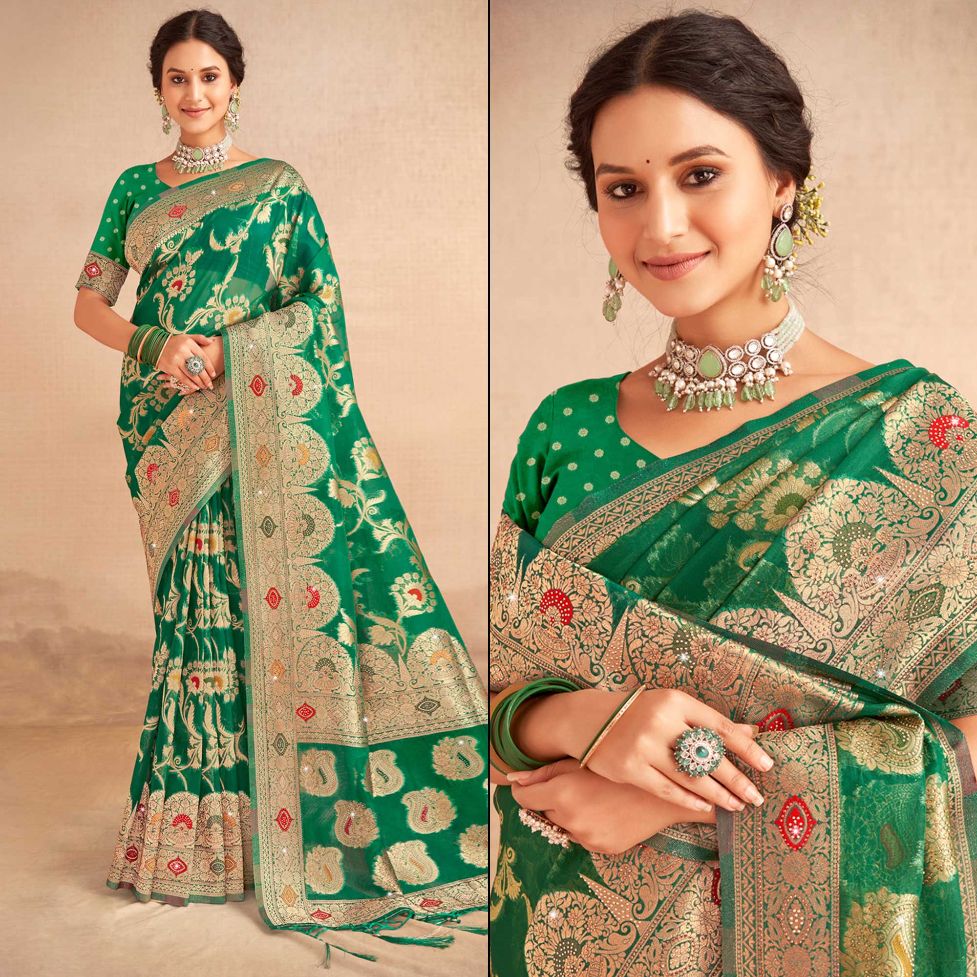 Green Woven Organza Saree With Tassels