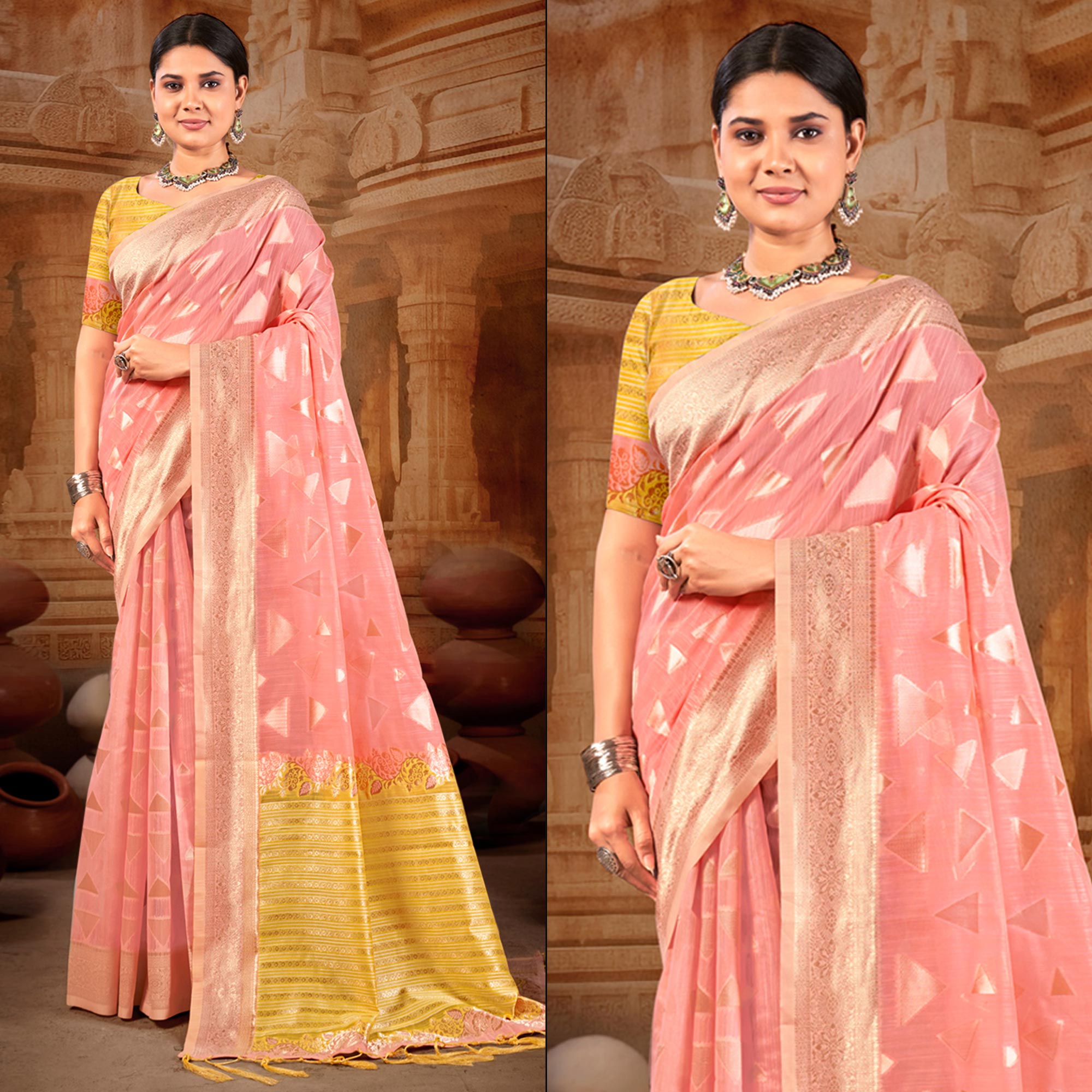 Peach Woven Linen Saree With Tassels