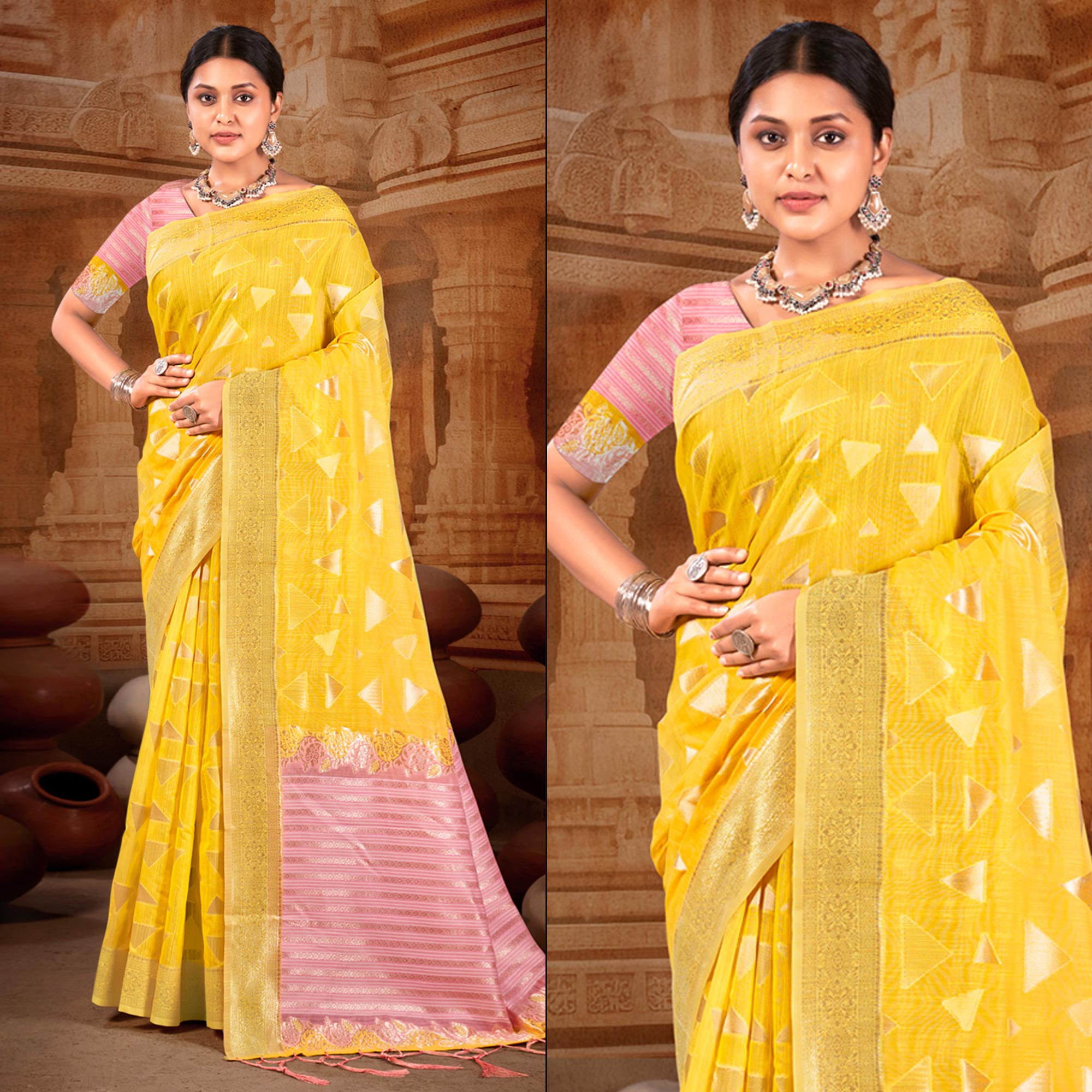 Yellow Woven Linen Saree With Tassels
