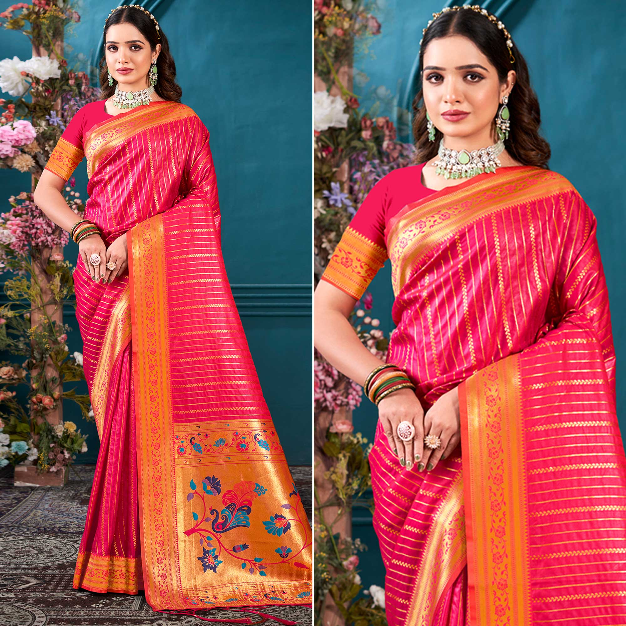 Pink Woven Paithani Raw Silk Saree With Tassels