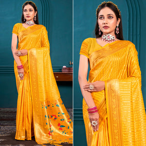 Mustard Woven Paithani Raw Silk Saree With Tassels