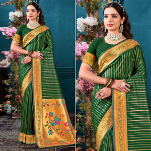 Dark Green Woven Paithani Raw Silk Saree With Tassels