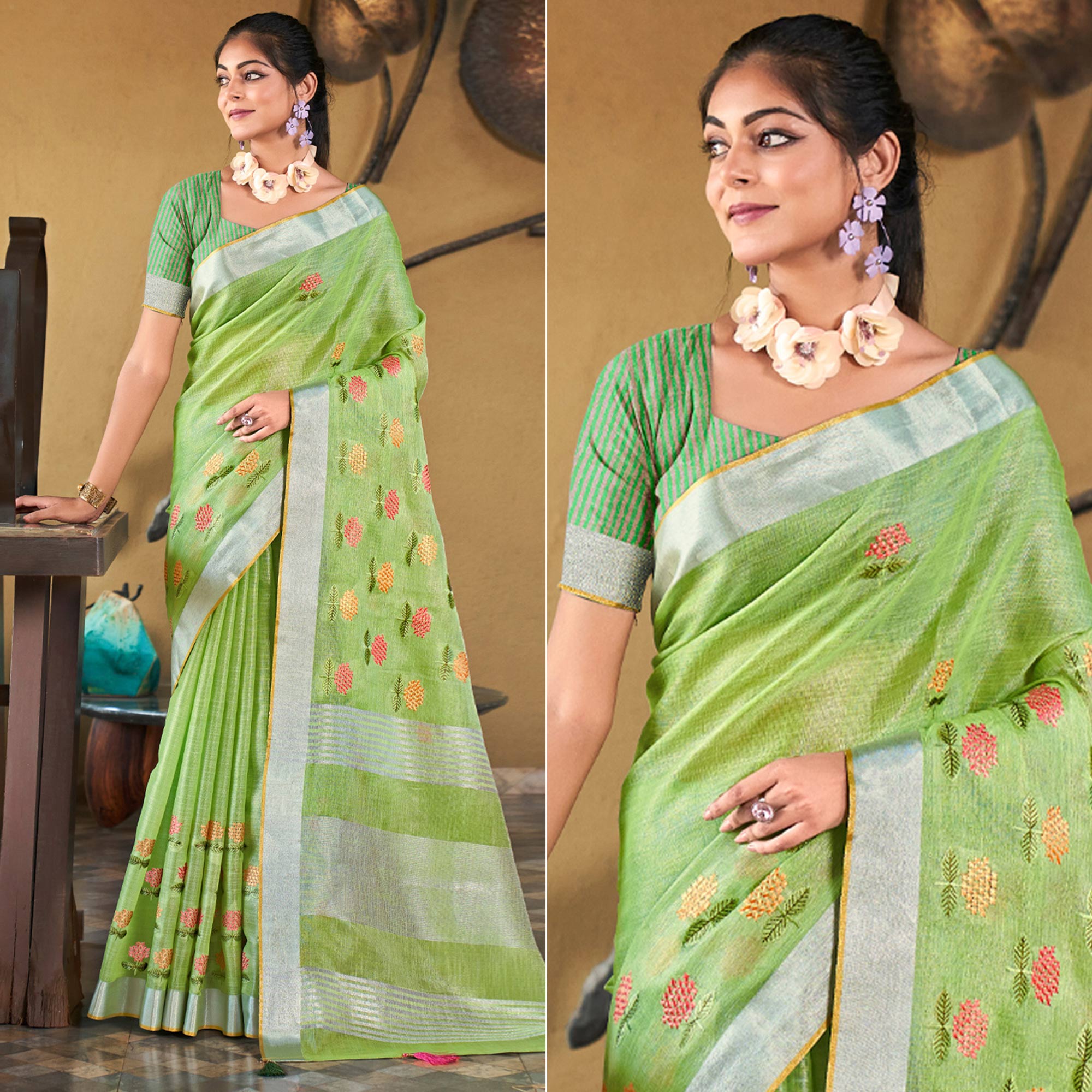 Green Floral Embroidered Linen Saree With Tassels