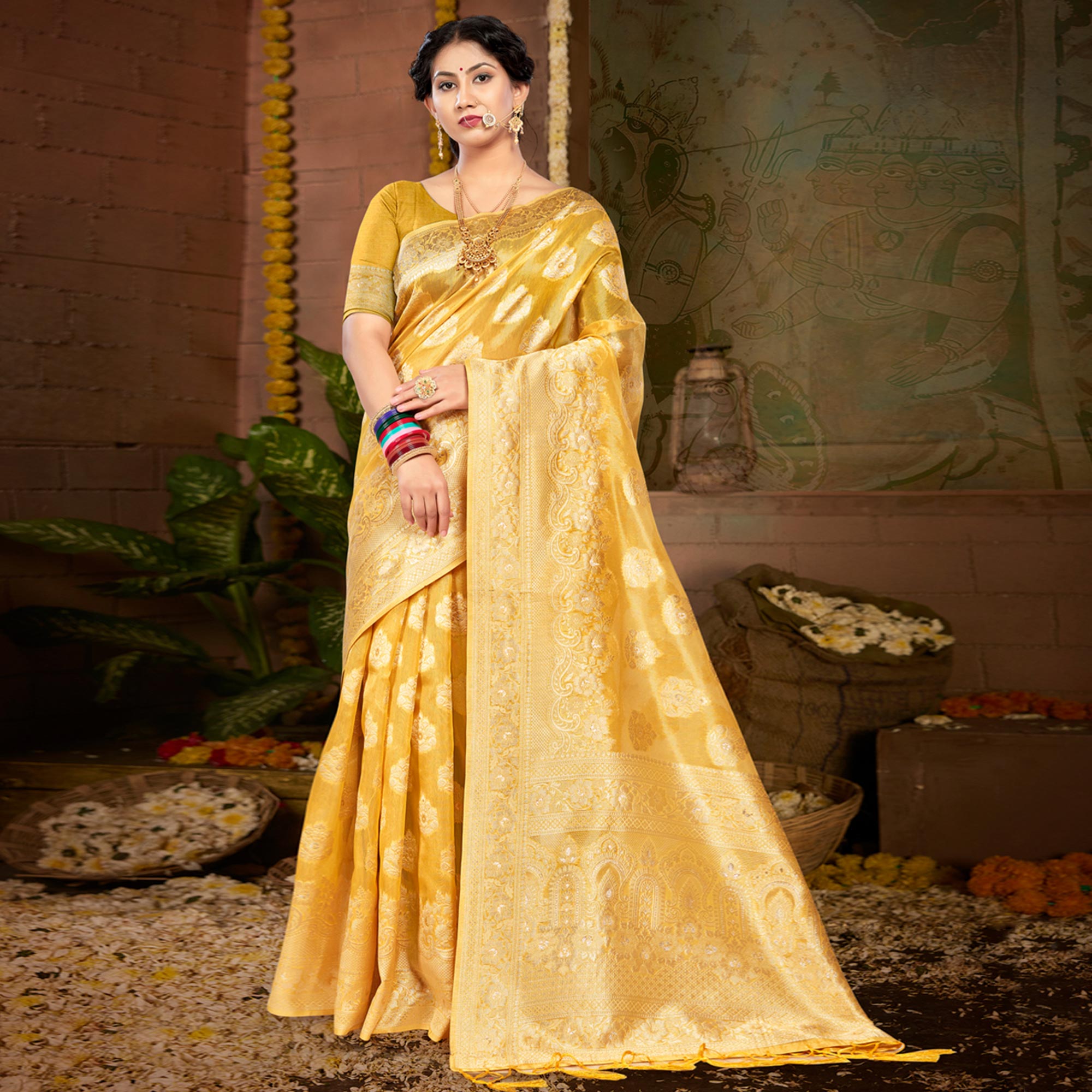 Mustard Floral Woven Kota Doria Saree With Tassels