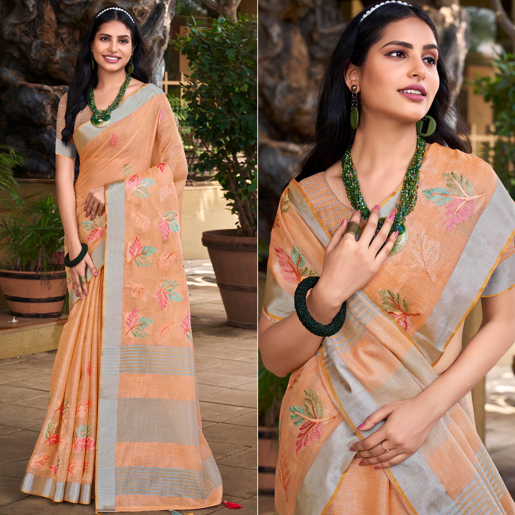 Orange Floral Embroidered Linen Saree With Tassels