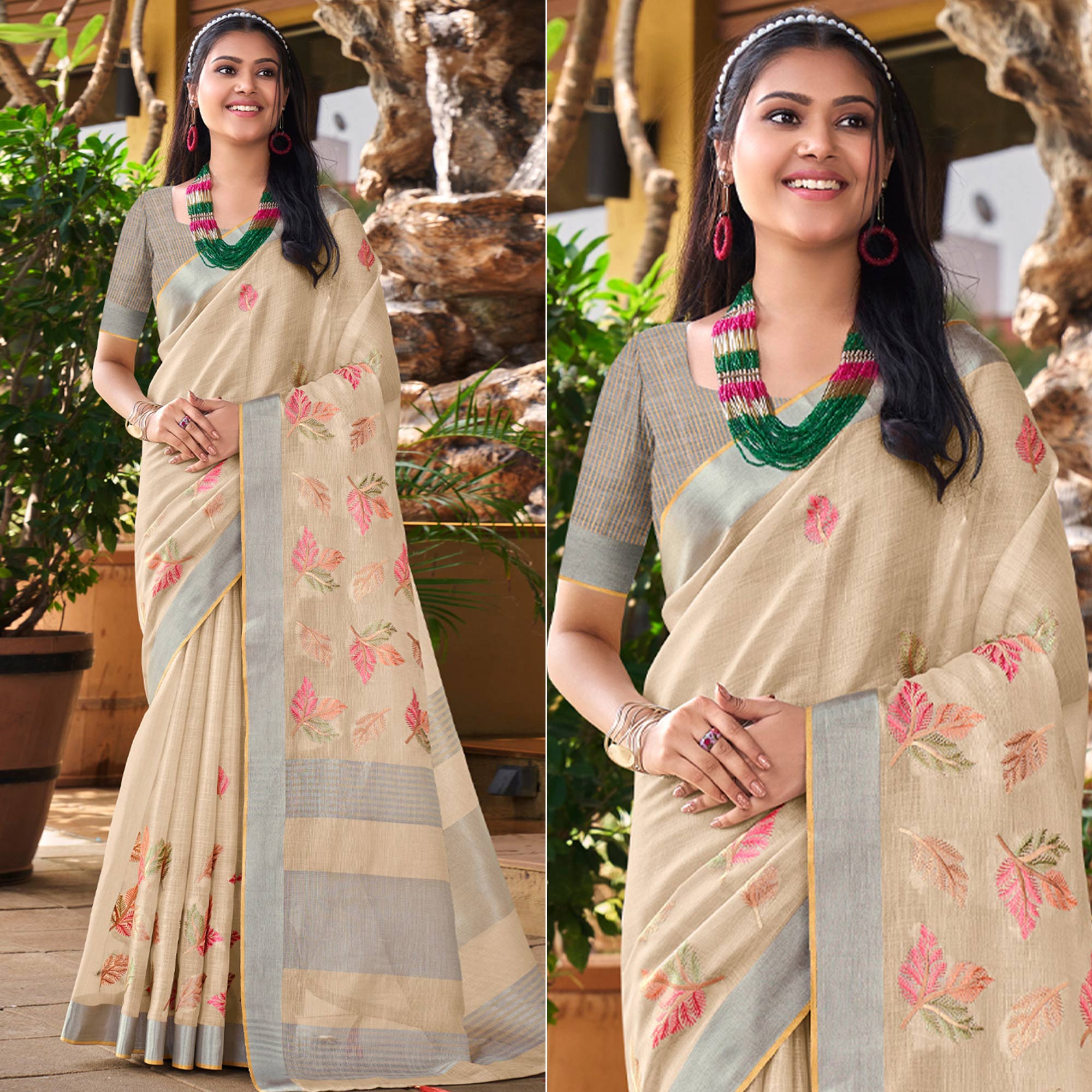 Beige Floral Embroidered Linen Saree With Tassels