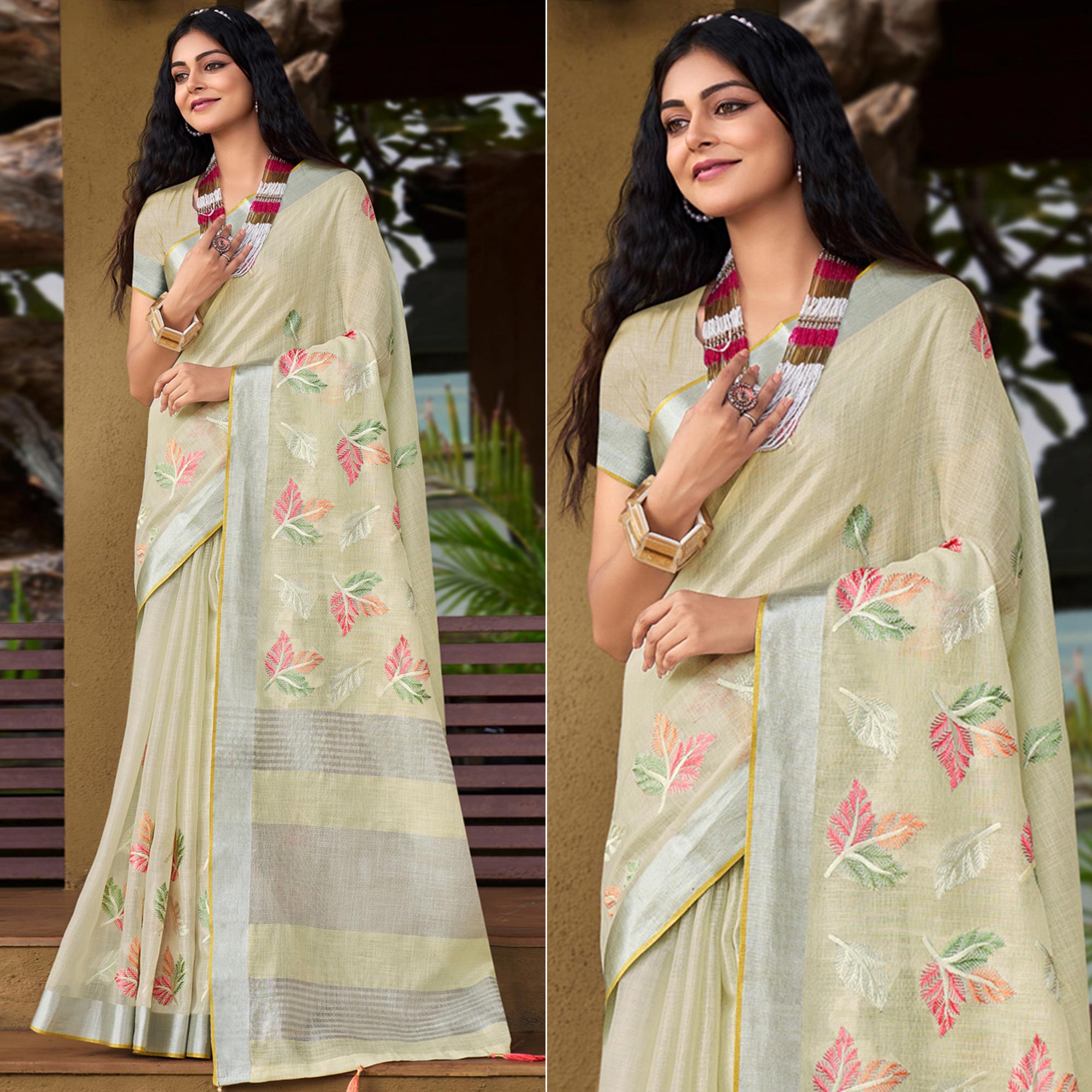 Pale Yellow Floral Embroidered Linen Saree With Tassels