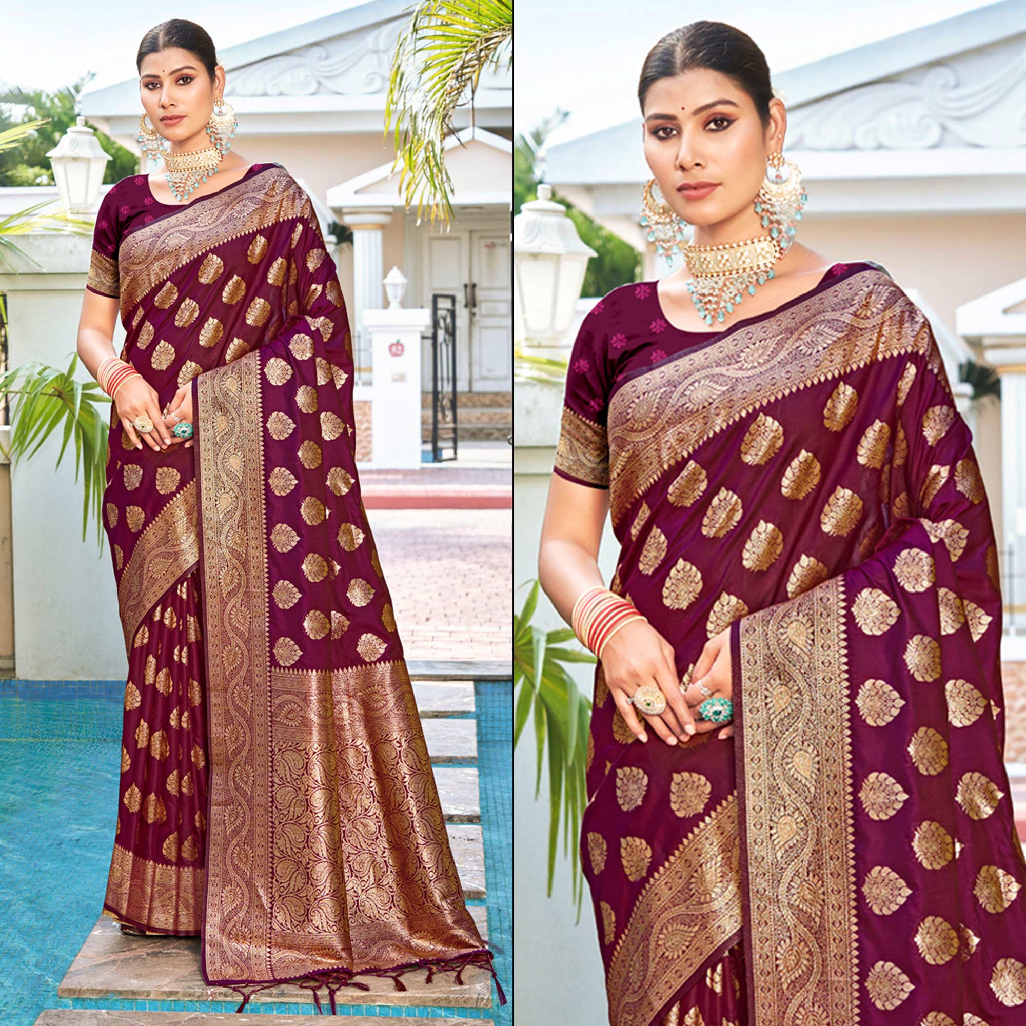 Purple Floral Woven Banarasi Silk Saree