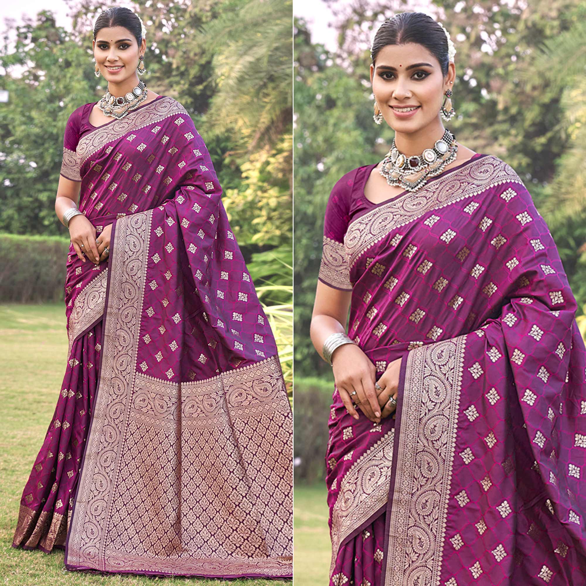Purple Floral Woven Kanjivaram Silk Saree With Tassels