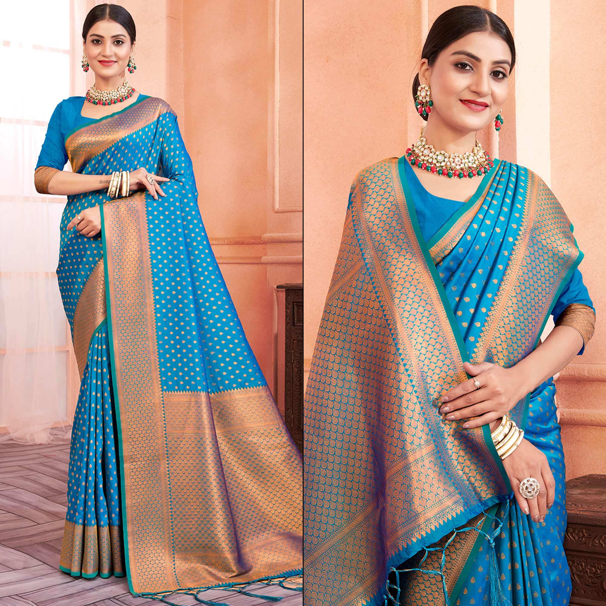 Blue Woven Banarasi Silk Saree With Tassels