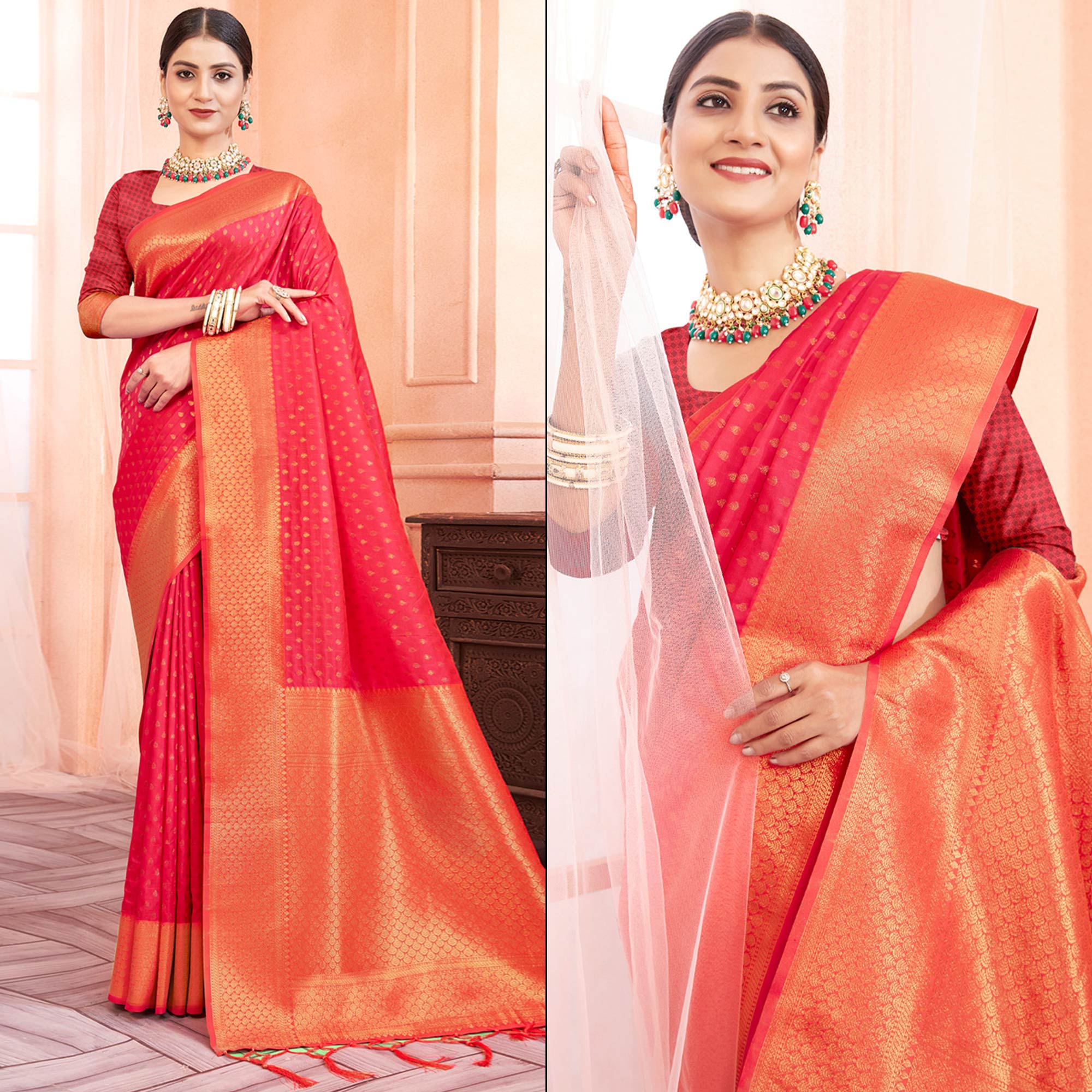 Pink Woven Banarasi Silk Saree With Tassels