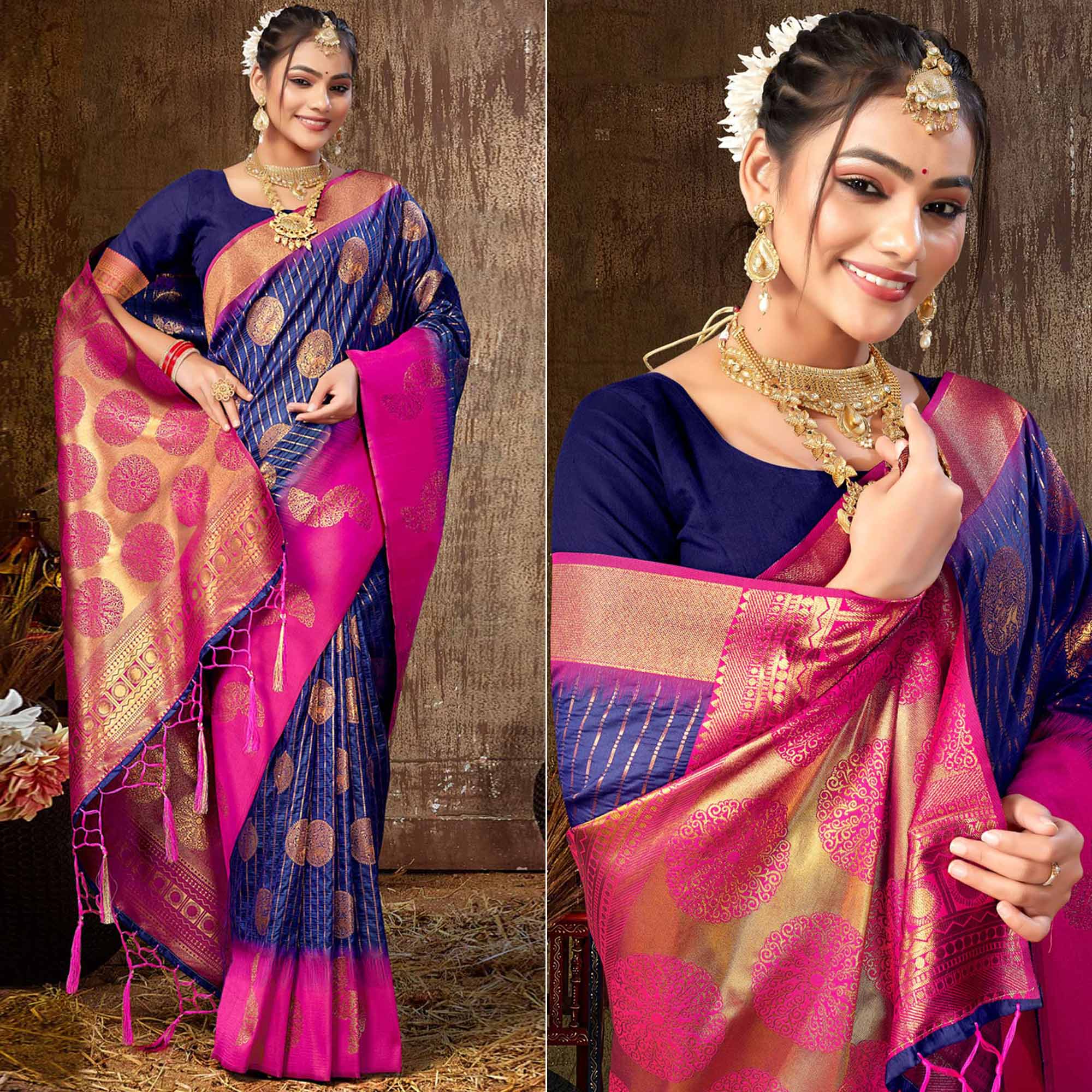 Blue Woven Banarasi Silk Saree With Tassels