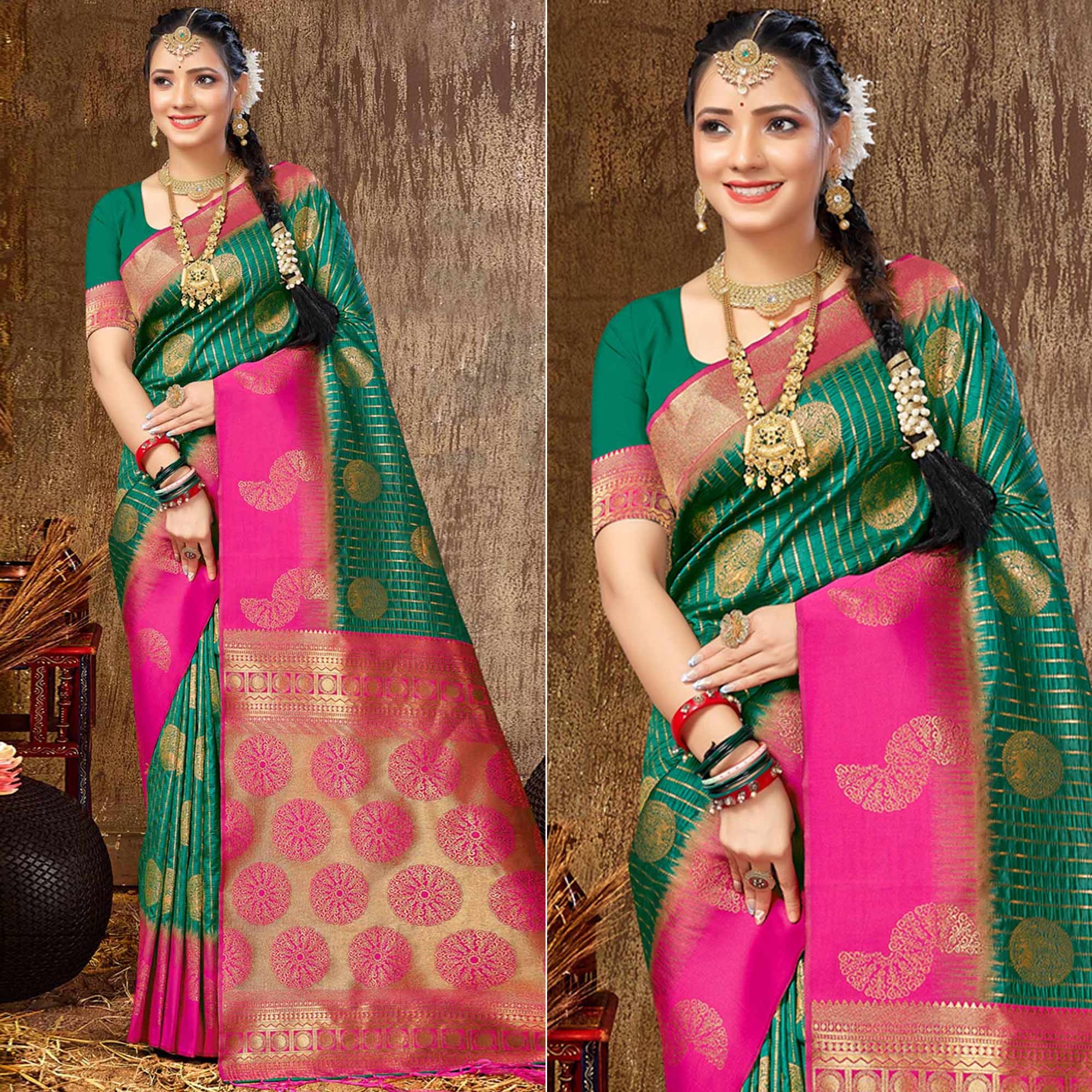 Green Woven Banarasi Silk Saree With Tassels