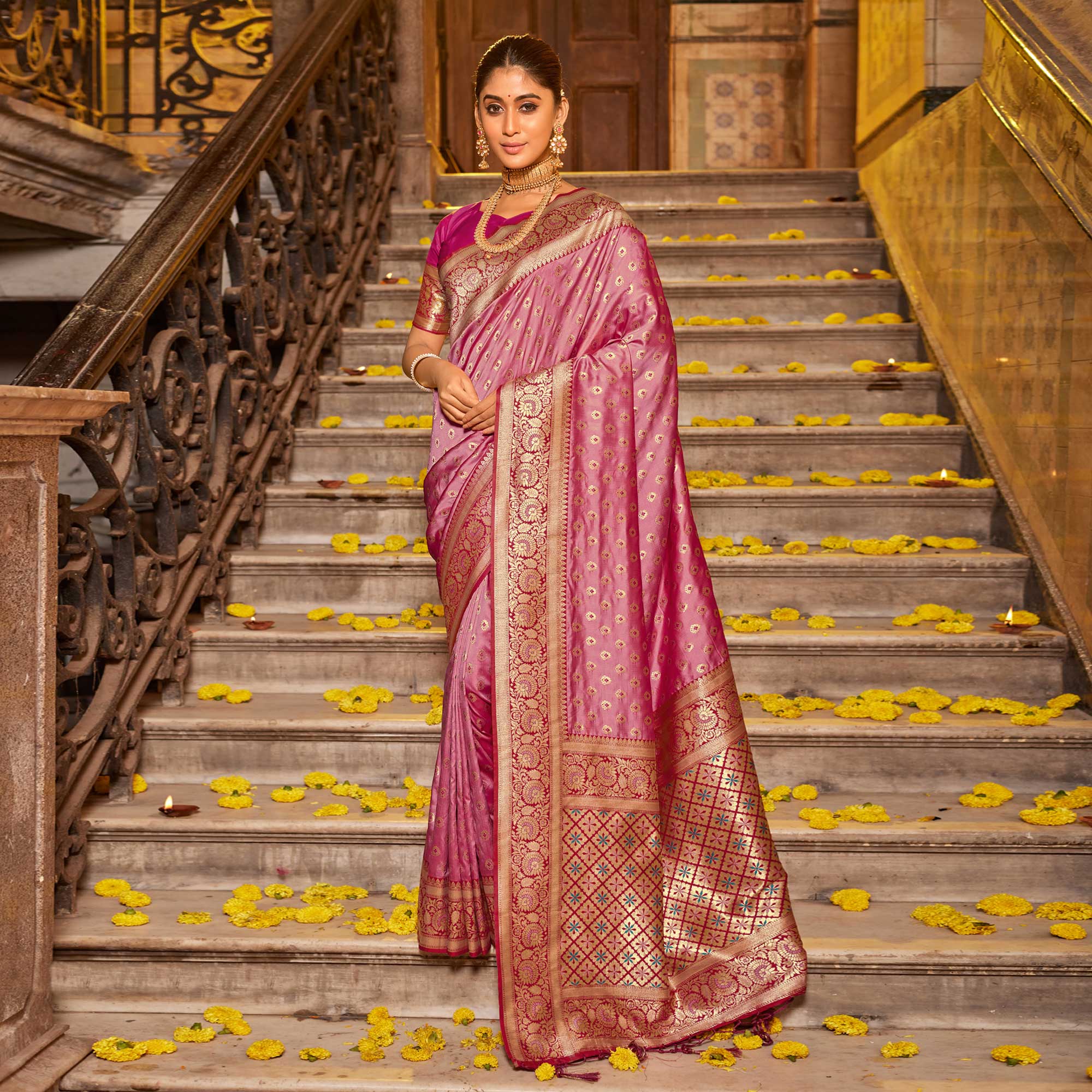 Pink Woven Banarasi Silk Saree With Tassels