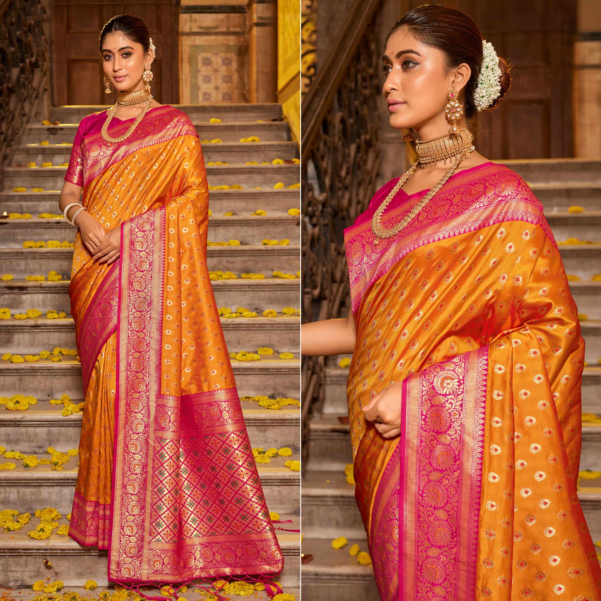 Yellow Woven Banarasi Silk Saree With Tassels