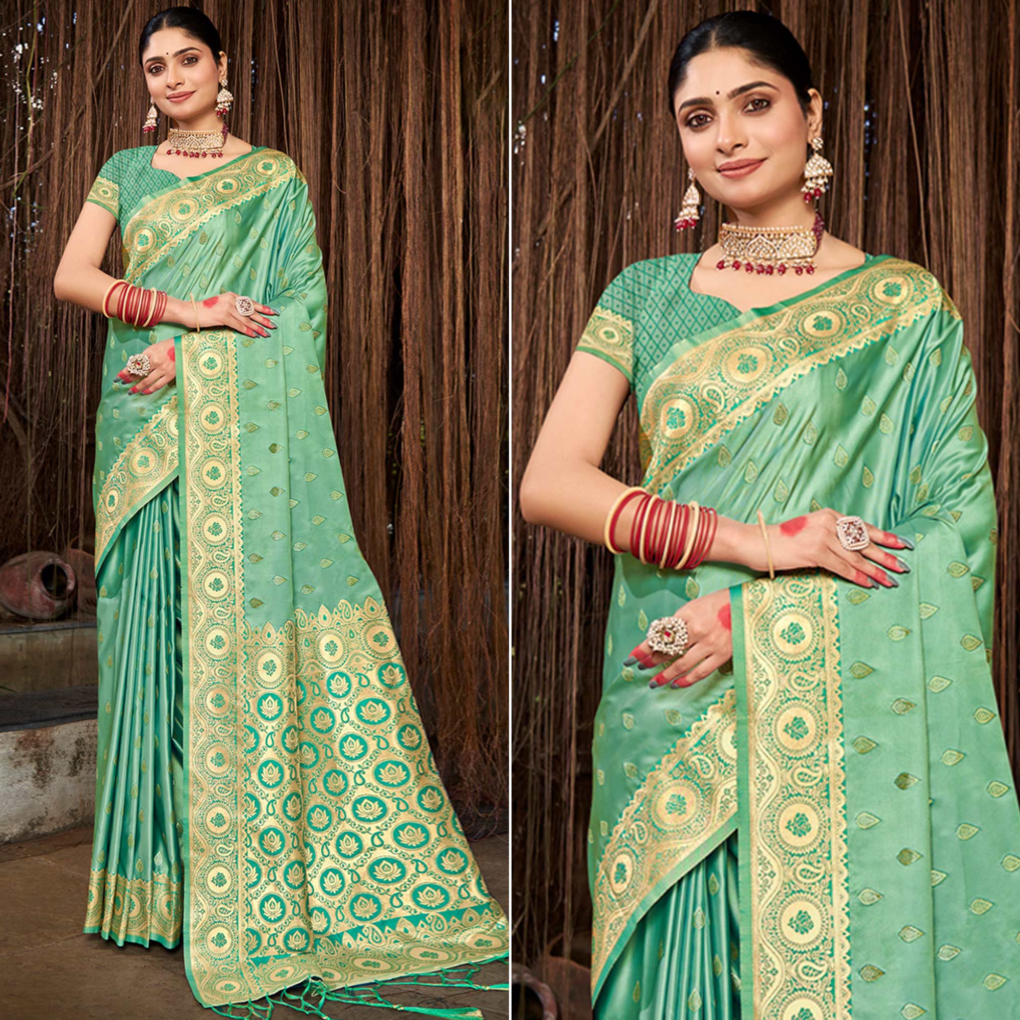 Sea Green Woven Satin Silk Saree With Tassels