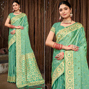 Sea Green Woven Satin Silk Saree With Tassels