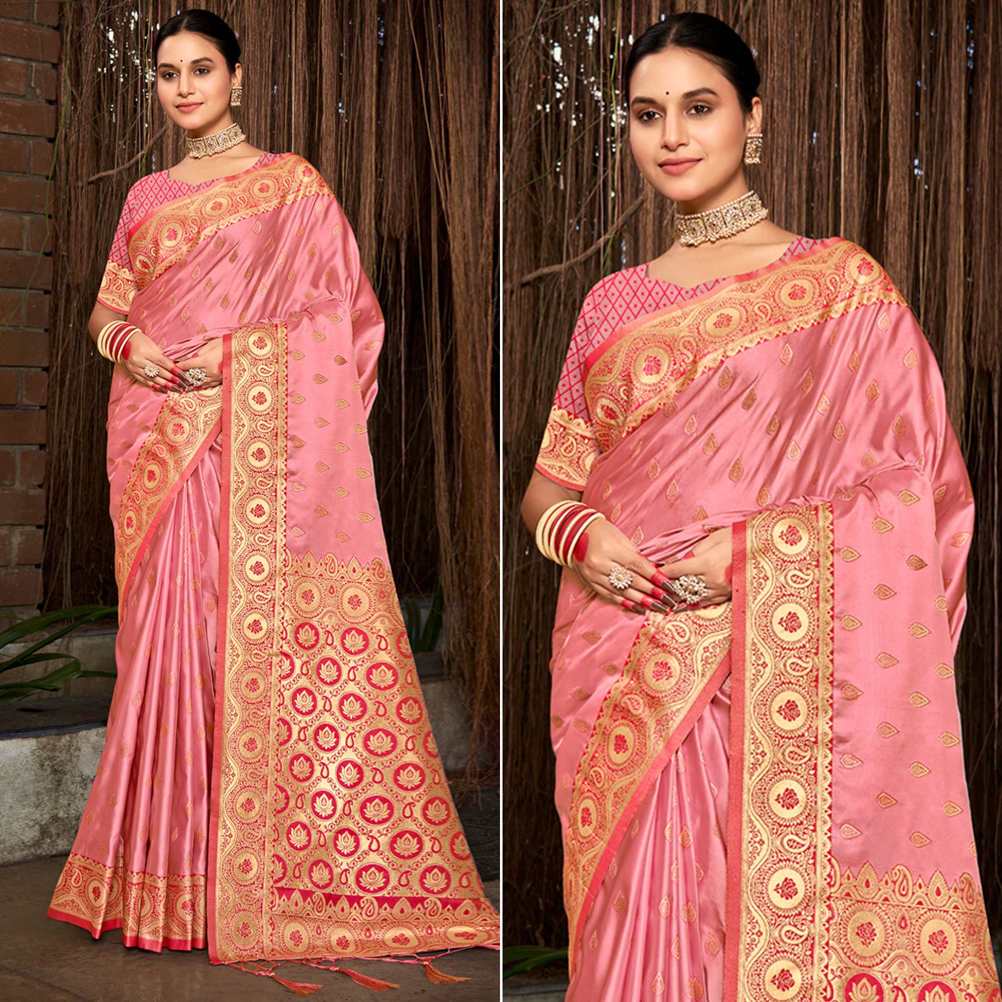Pink Woven Satin Silk Saree With Tassels