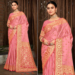 Pink Woven Satin Silk Saree With Tassels