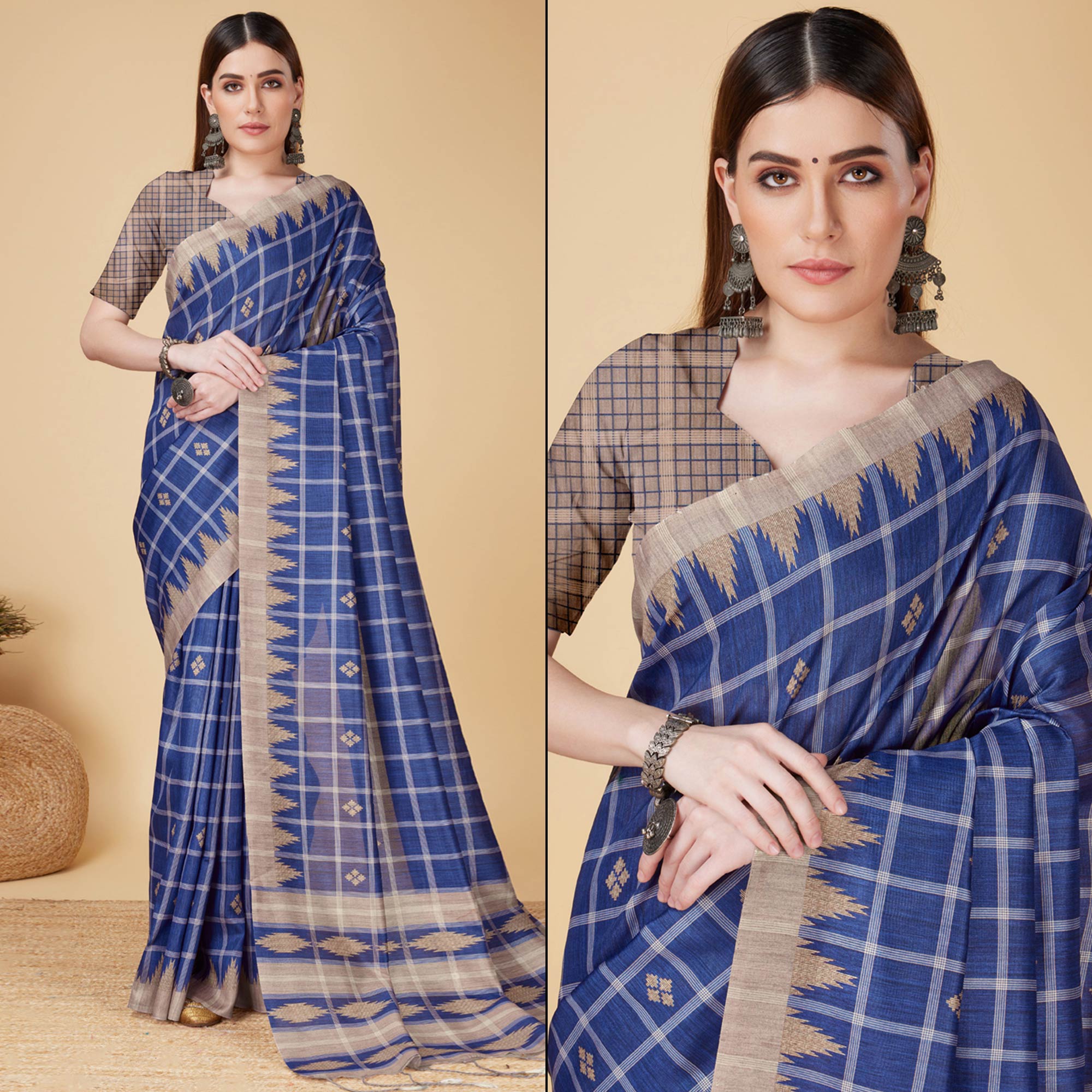 Blue Digital Printed Cotton Silk Saree With Tassels