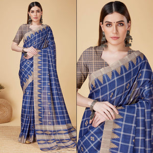Blue Digital Printed Cotton Silk Saree With Tassels