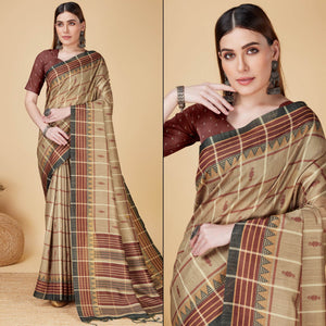 Beige Digital Printed Cotton Silk Saree With Tassels