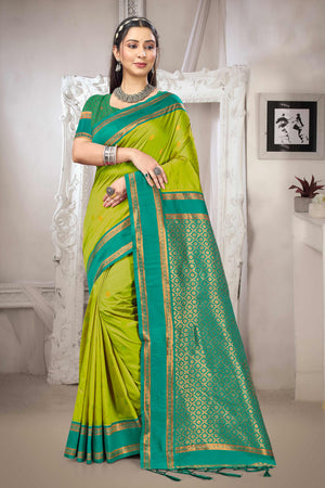 Classic Parrot Green Floral Motif Weaving Silk Blend Saree With Tassel Pallu